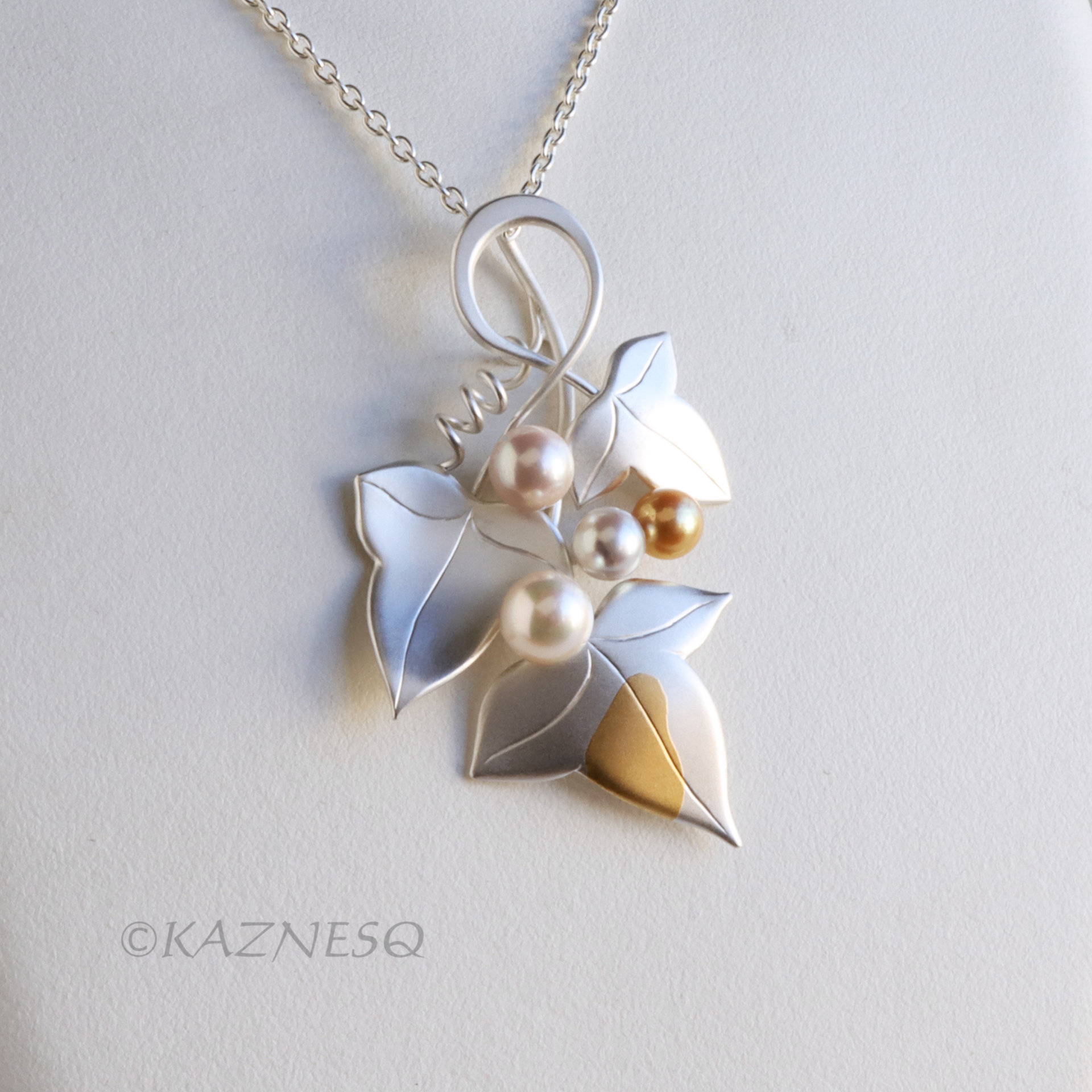 Handcrafted Grape Leaf Pendant - Matte Silver with Keum Boo and Colorful Akoya Pearls
