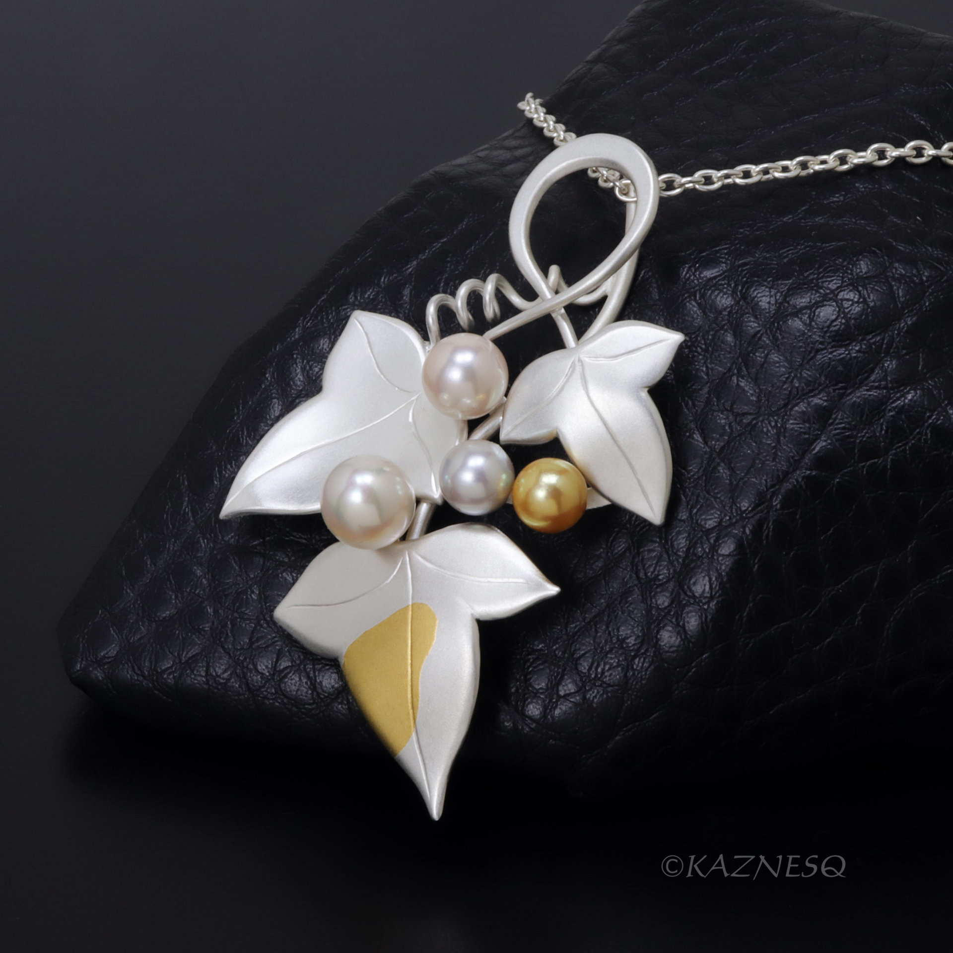 Handcrafted Grape Leaf Pendant - Matte Silver with Keum Boo and Colorful Akoya Pearls