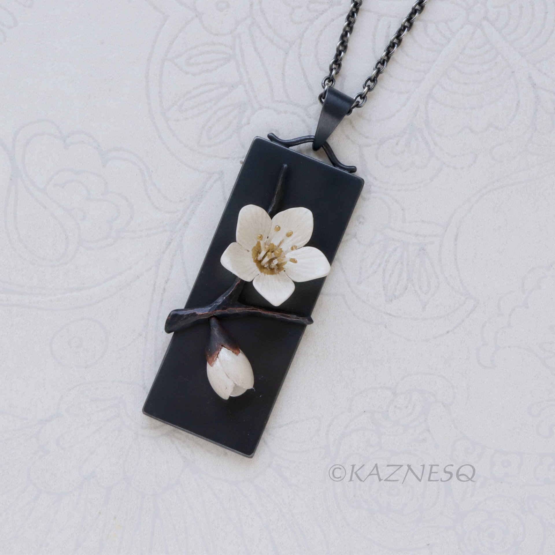 Japanese Winter Scene, Zen Feel of a White Camellia and a Bud, Oxidized Silver Rectangle Pendant