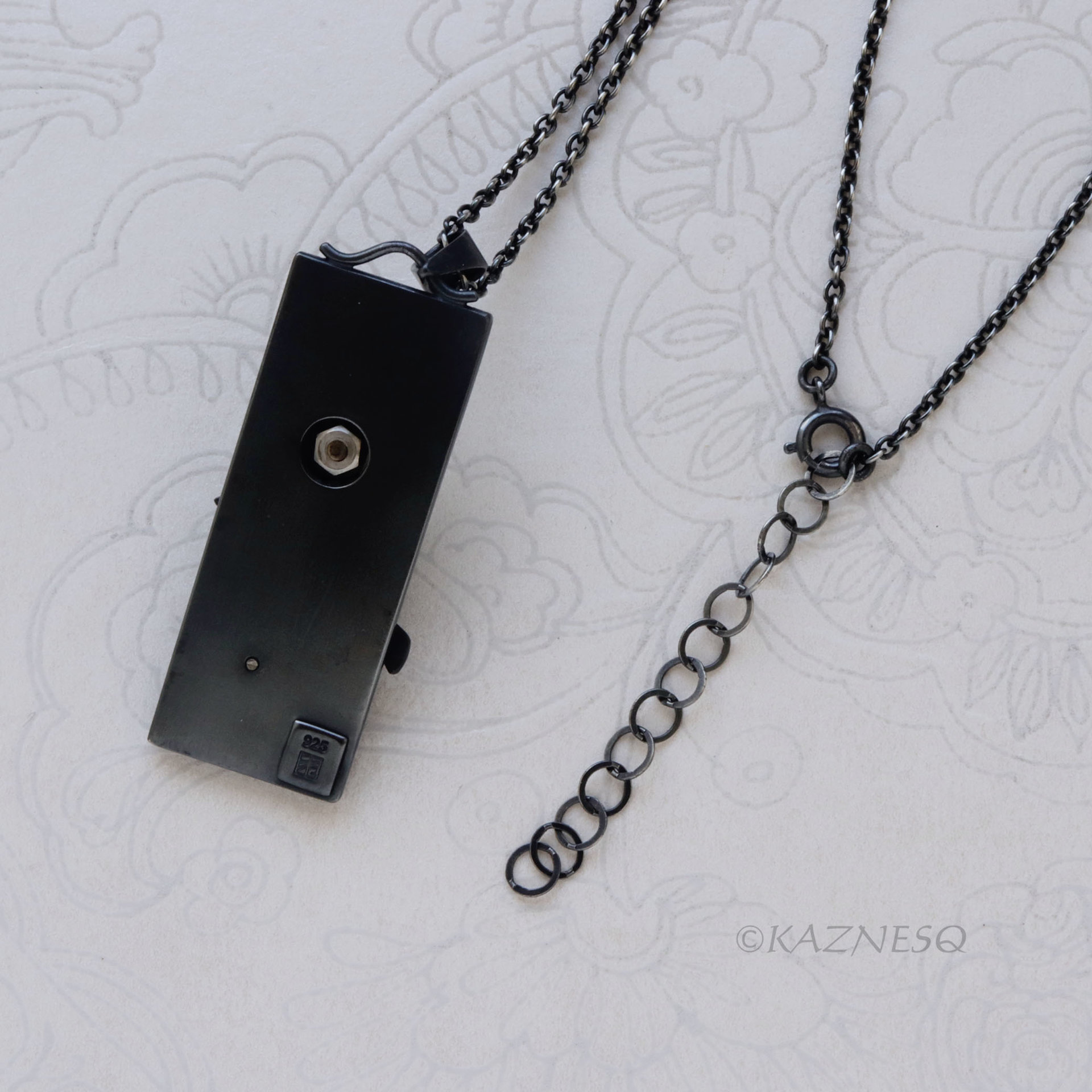 Japanese Winter Scene, Zen Feel of a White Camellia and a Bud, Oxidized Silver Rectangle Pendant