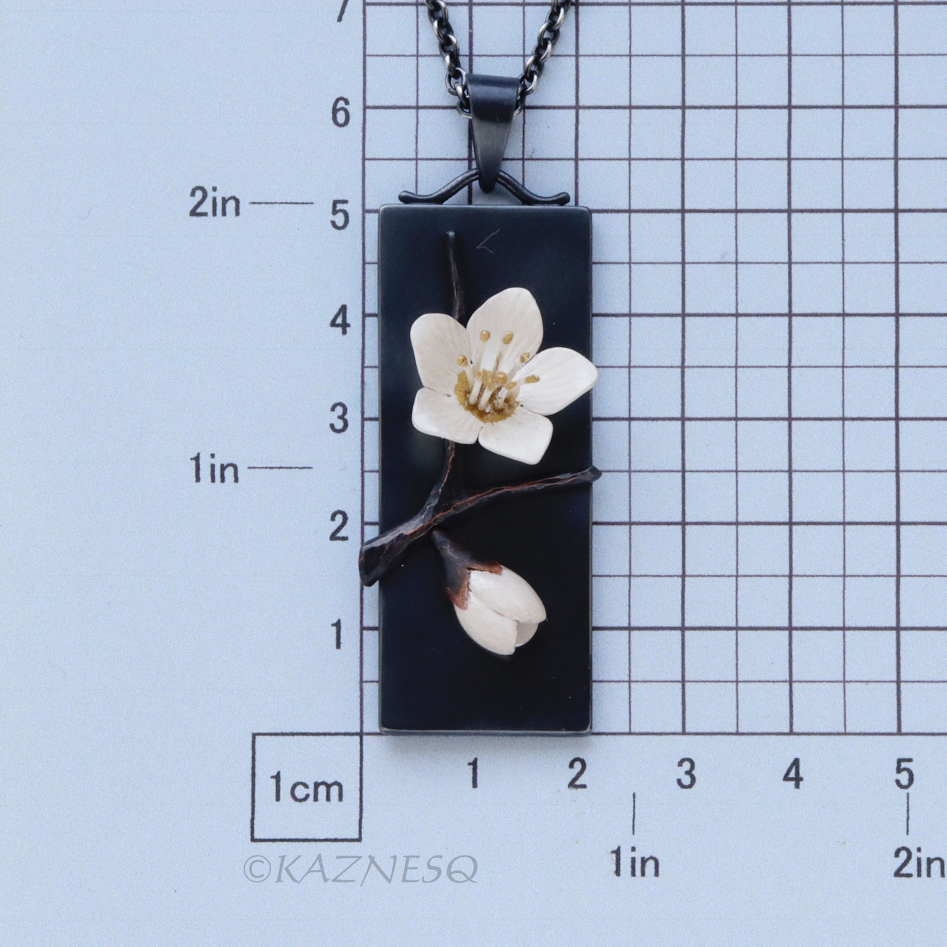 Japanese Winter Scene, Zen Feel of a White Camellia and a Bud, Oxidized Silver Rectangle Pendant