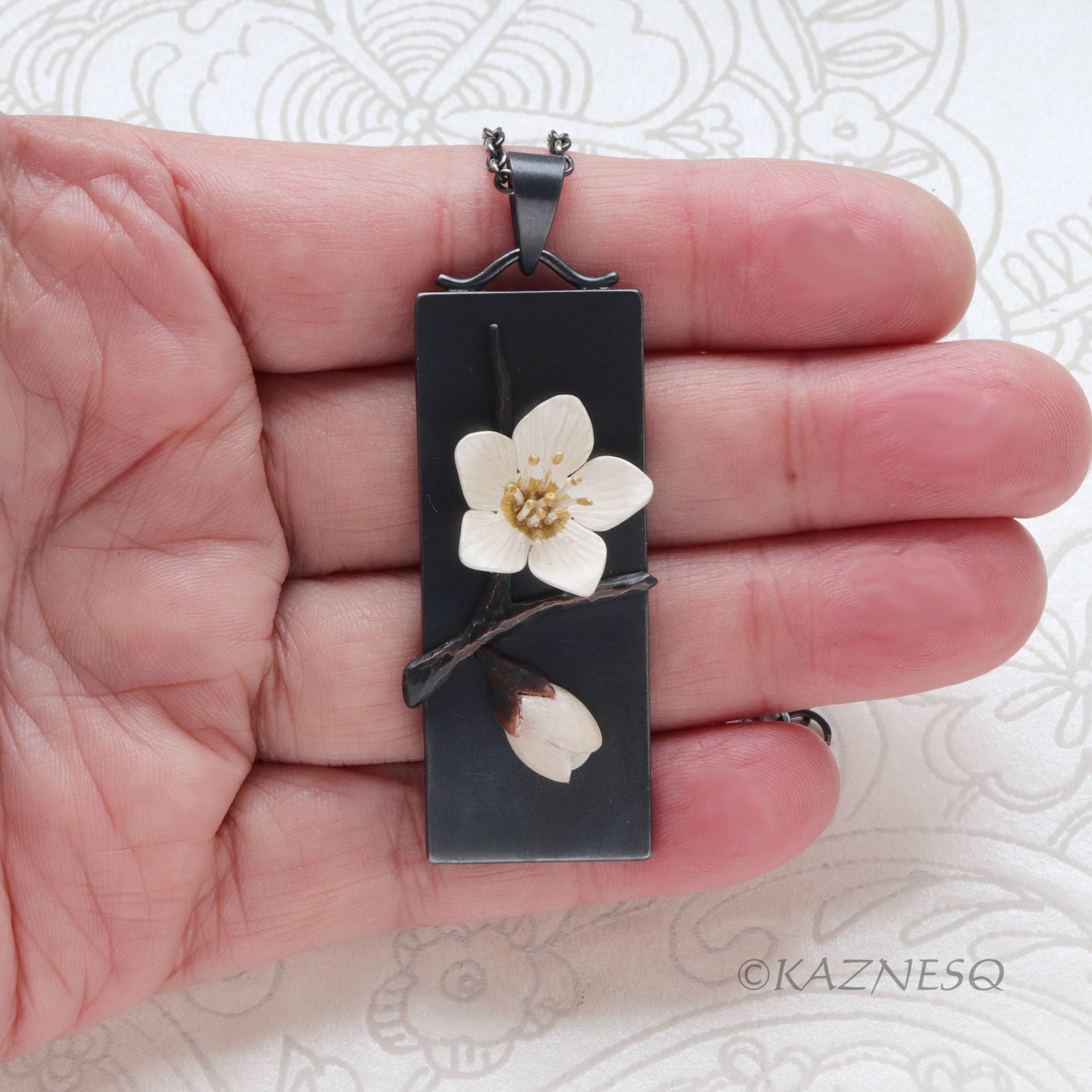 Japanese Winter Scene, Zen Feel of a White Camellia and a Bud, Oxidized Silver Rectangle Pendant