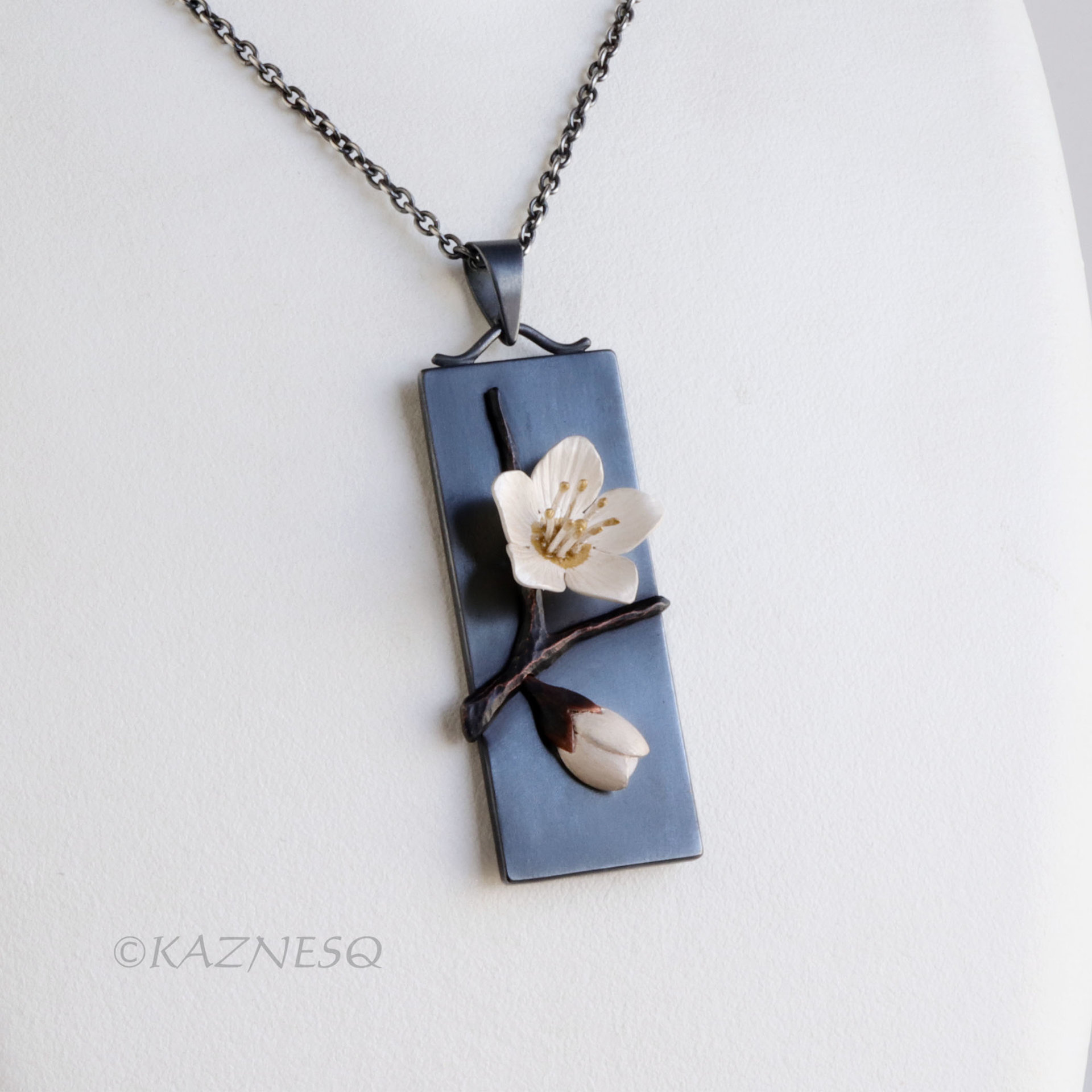 Japanese Winter Scene, Zen Feel of a White Camellia and a Bud, Oxidized Silver Rectangle Pendant