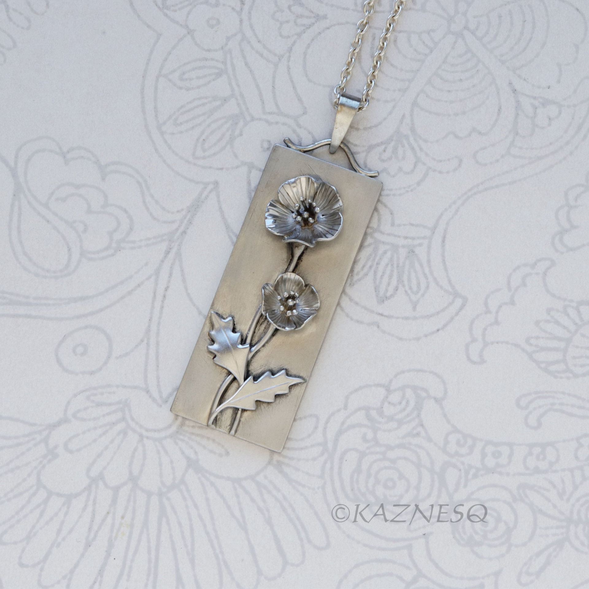 Matte Sterling Silver Poppy Bar Necklace - Nature-Inspired Floral Pendant