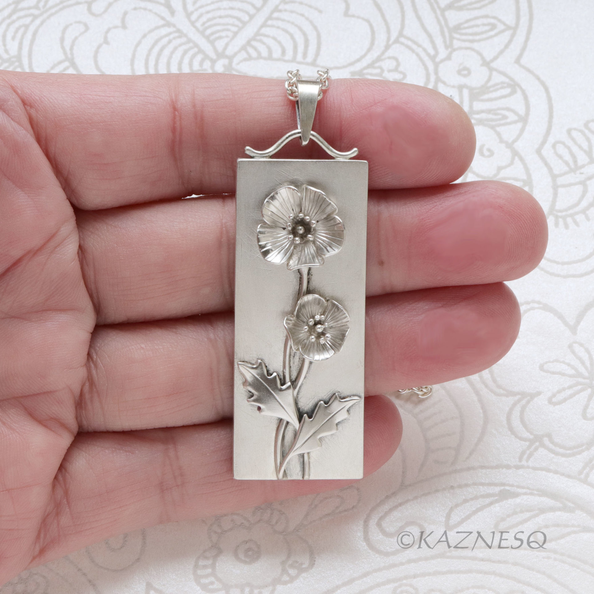 Matte Sterling Silver Poppy Bar Necklace - Nature-Inspired Floral Pendant