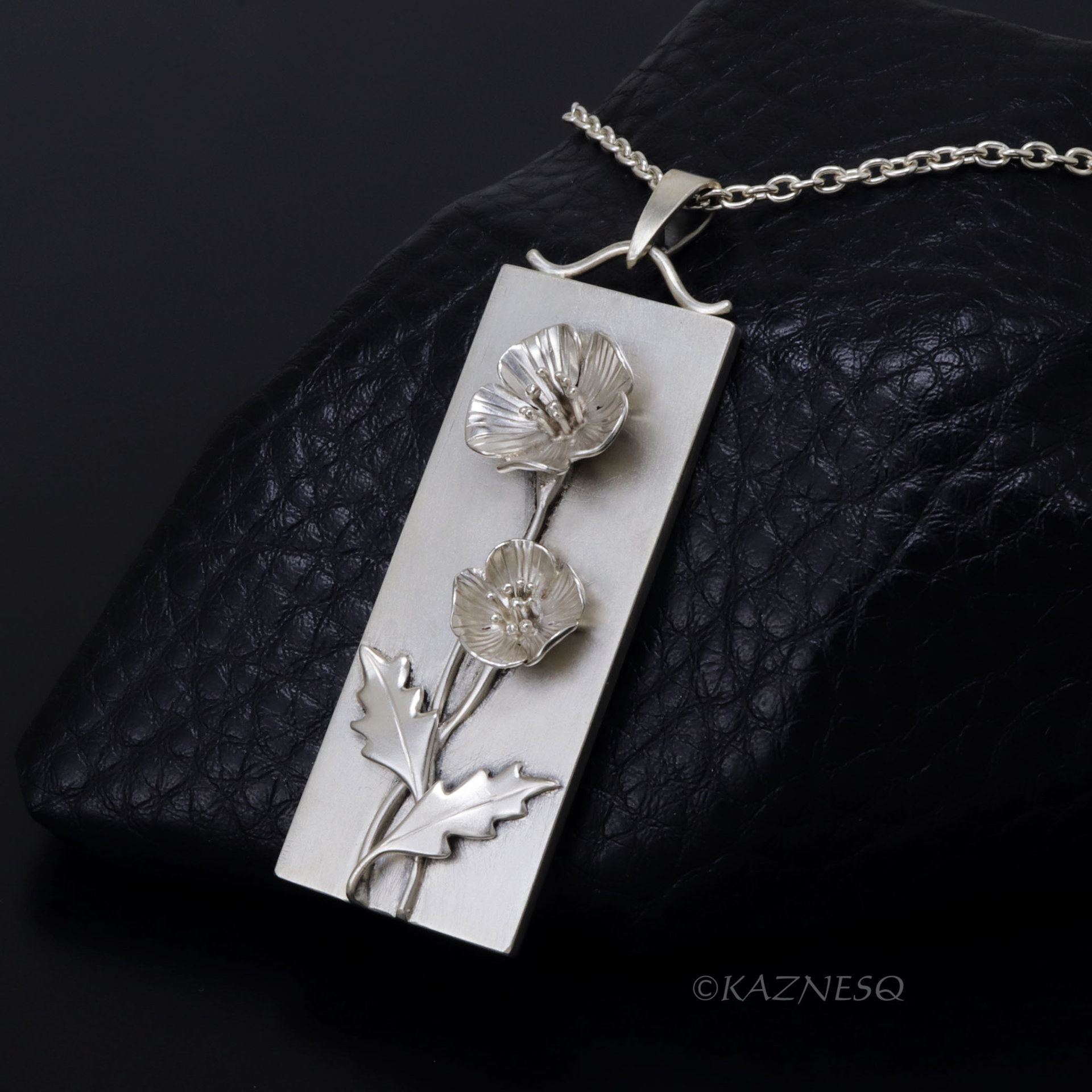 Matte Sterling Silver Poppy Bar Necklace - Nature-Inspired Floral Pendant