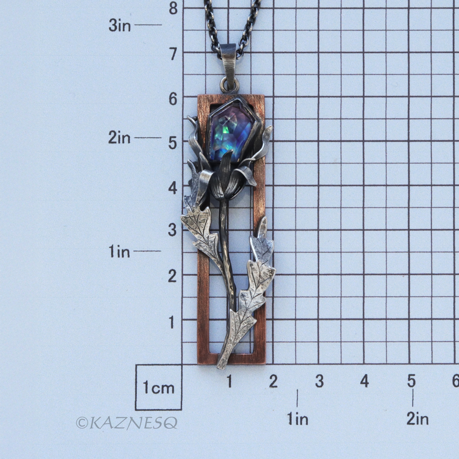 Oxidized Silver Thistle Pendant with a copper frame, Amethyst Mother of Pearl, Botanical Jewelry