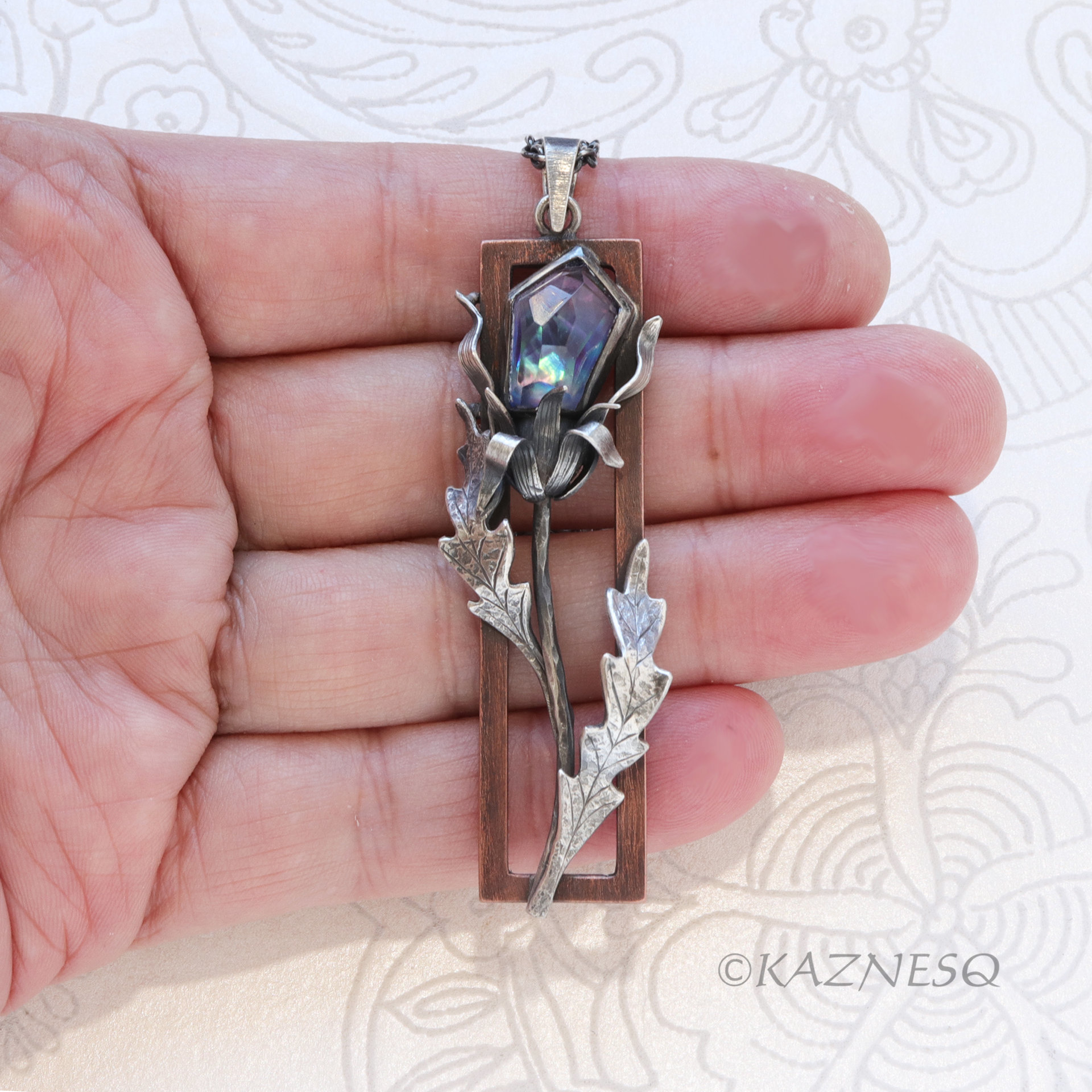 Oxidized Silver Thistle Pendant with a copper frame, Amethyst Mother of Pearl, Botanical Jewelry