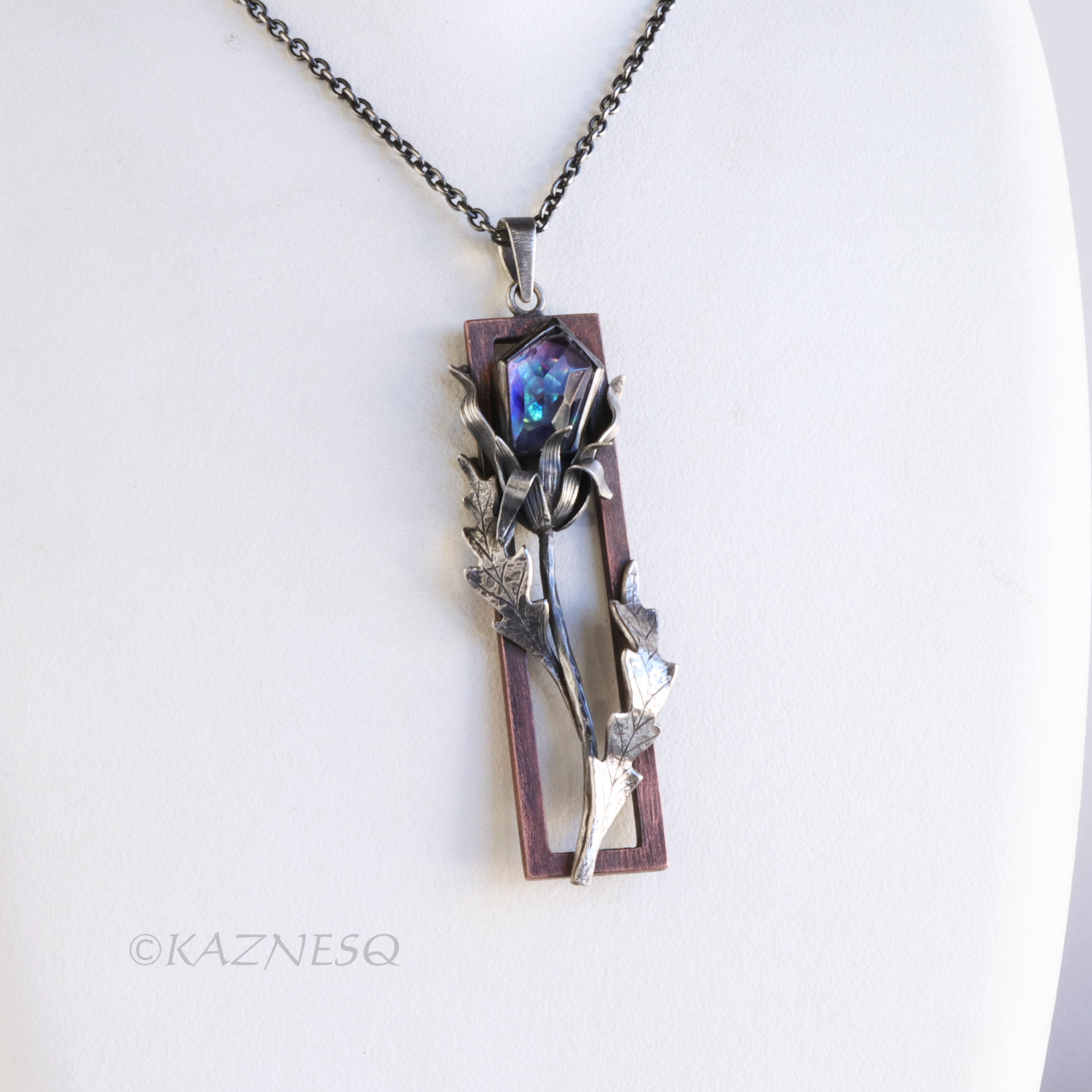 Oxidized Silver Thistle Pendant with a copper frame, Amethyst Mother of Pearl, Botanical Jewelry