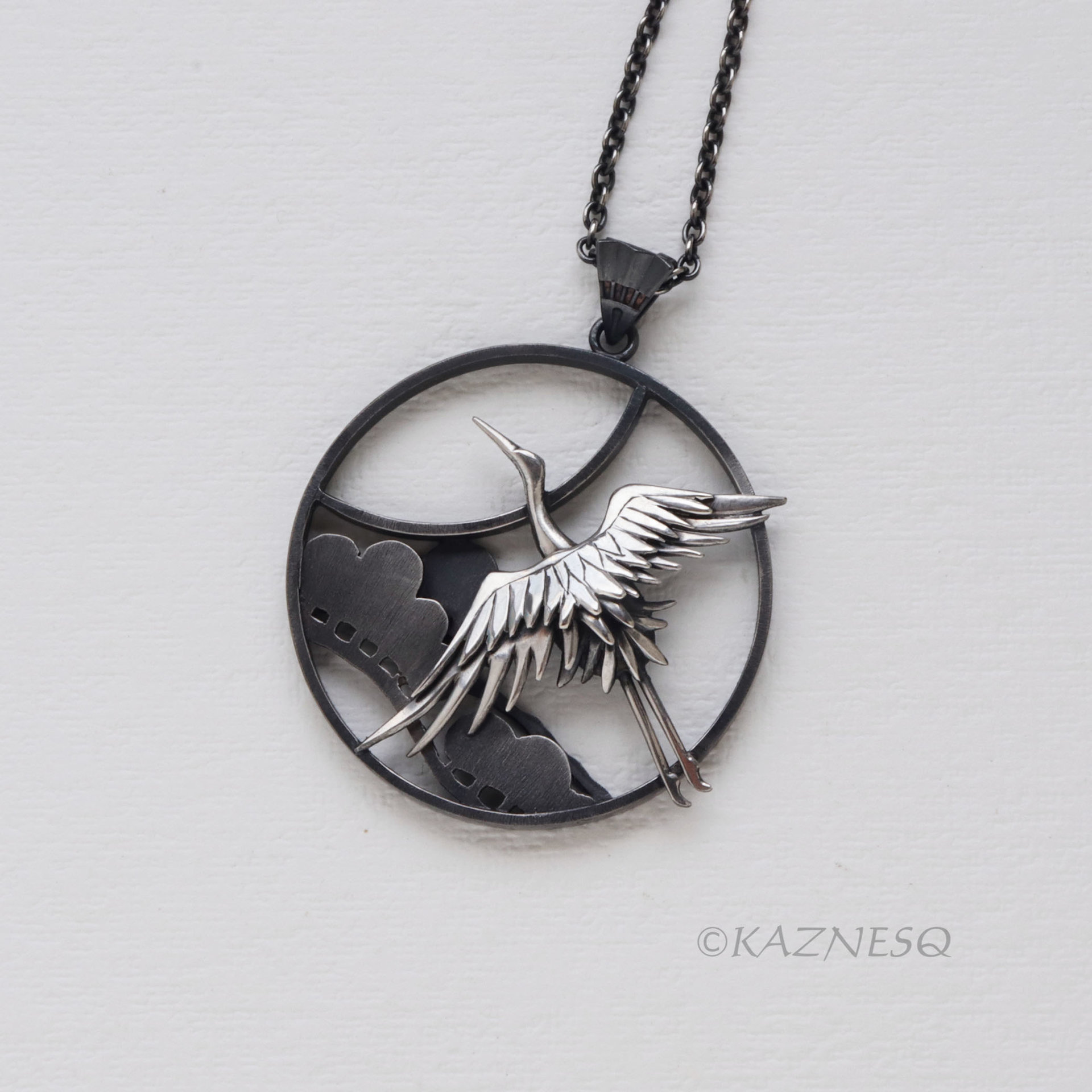 Sterling Silver Crane & Pine Pendant - Dimensional Japanese Nature Design