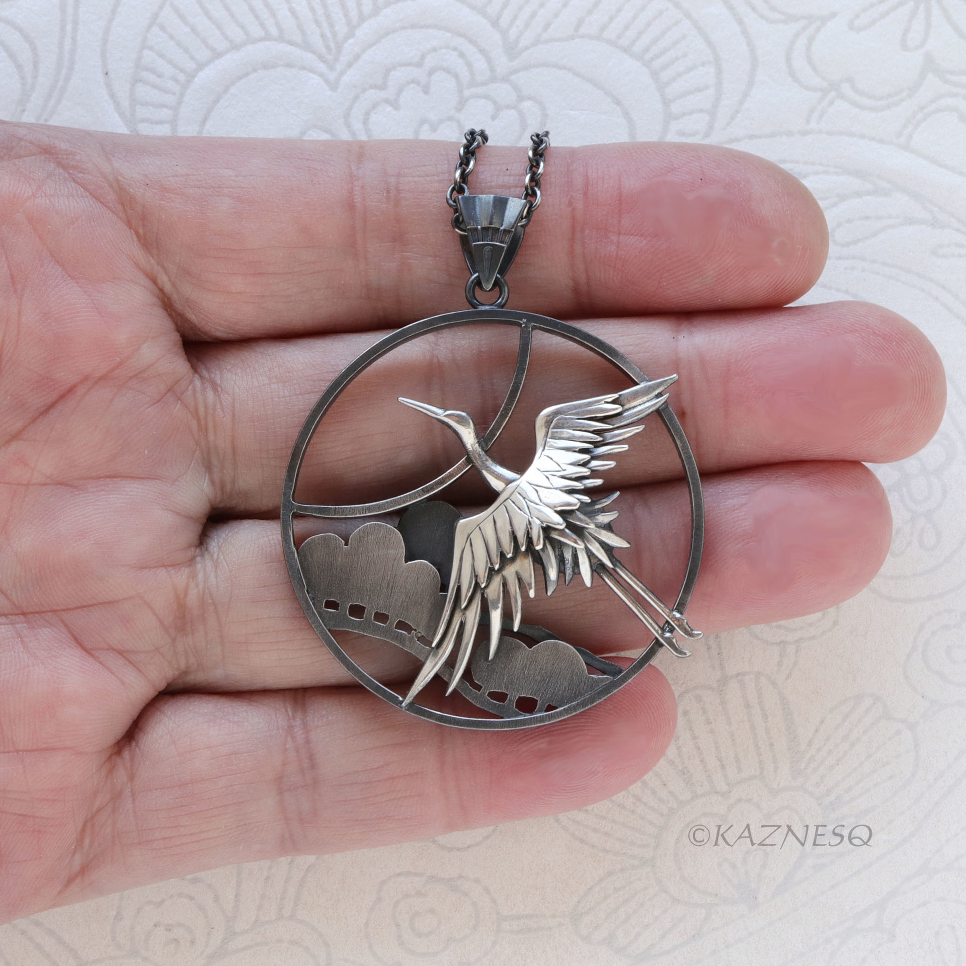 Sterling Silver Crane & Pine Pendant - Dimensional Japanese Nature Design