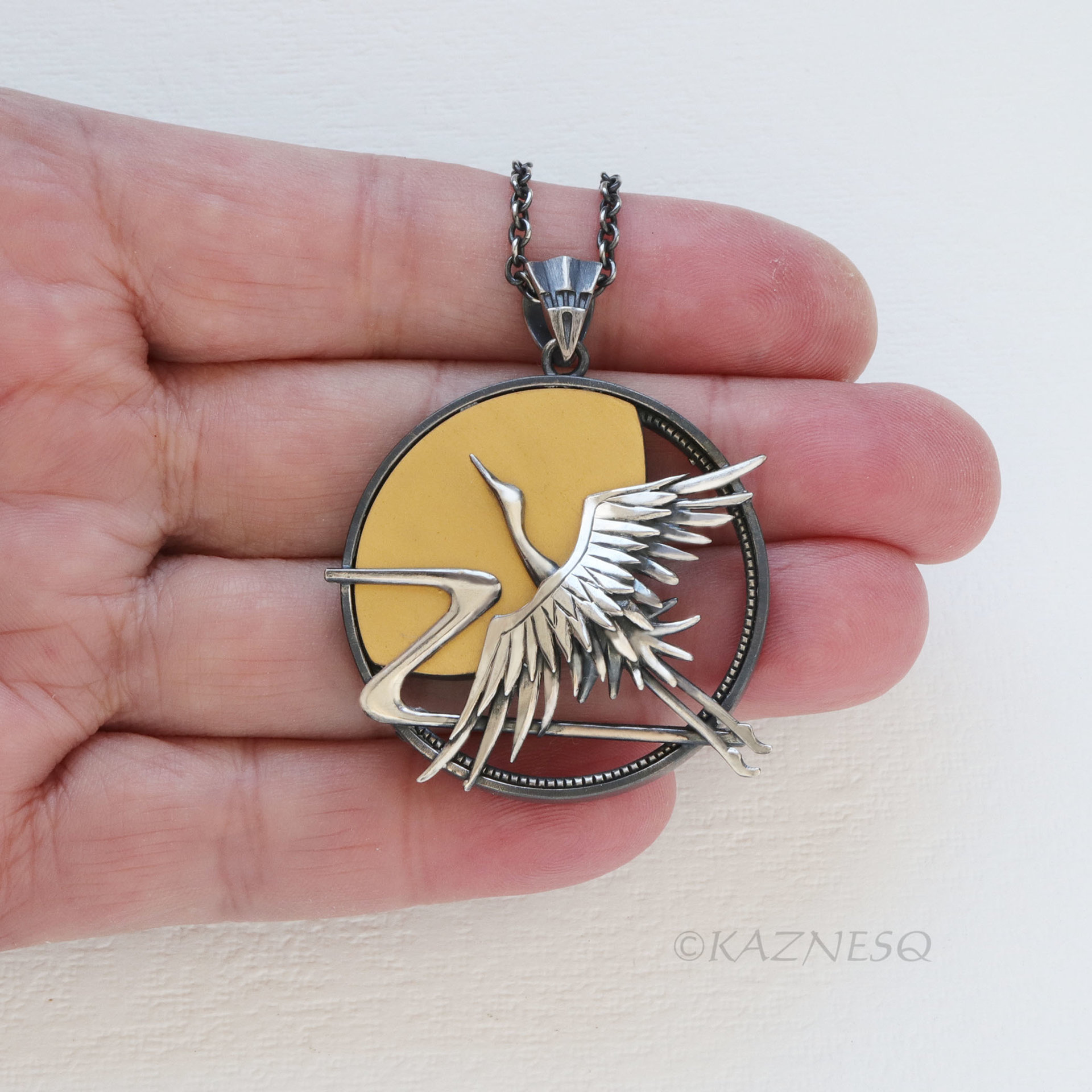 Japanese Crane in Flight with Rising Sun Pendant - Oxidized Sterling Silver & 24K Gold Keum-Boo