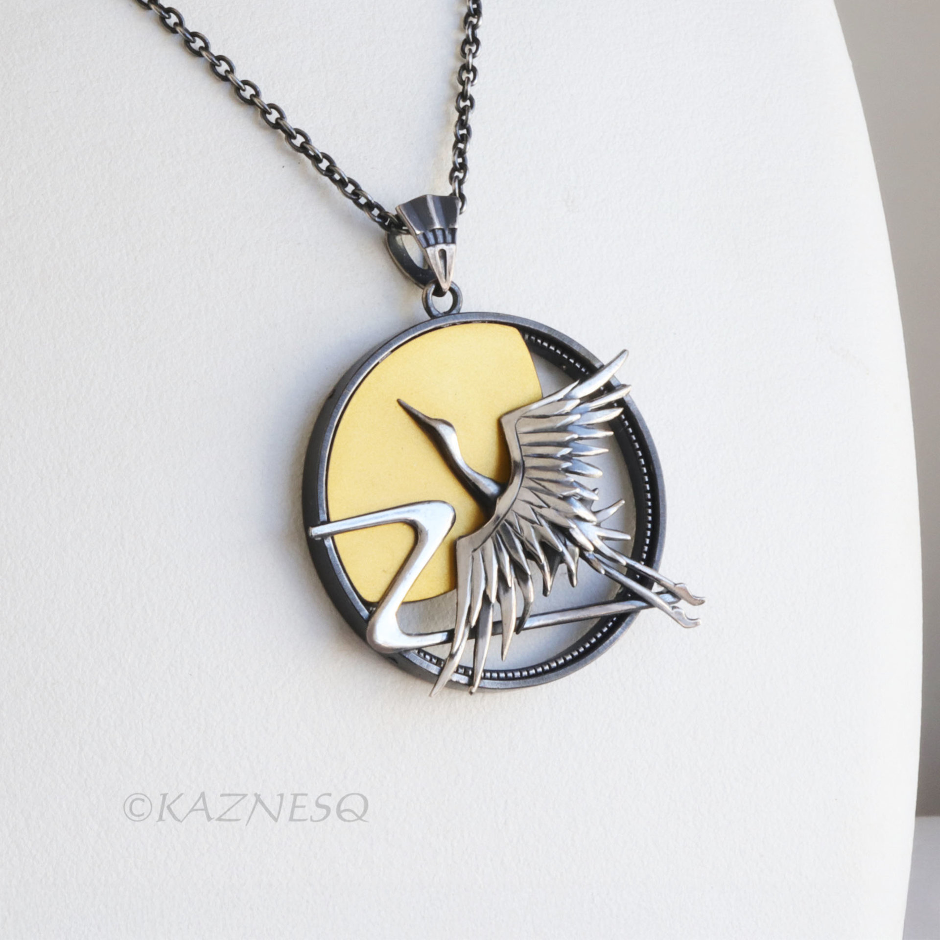 Japanese Crane in Flight with Rising Sun Pendant - Oxidized Sterling Silver & 24K Gold Keum-Boo