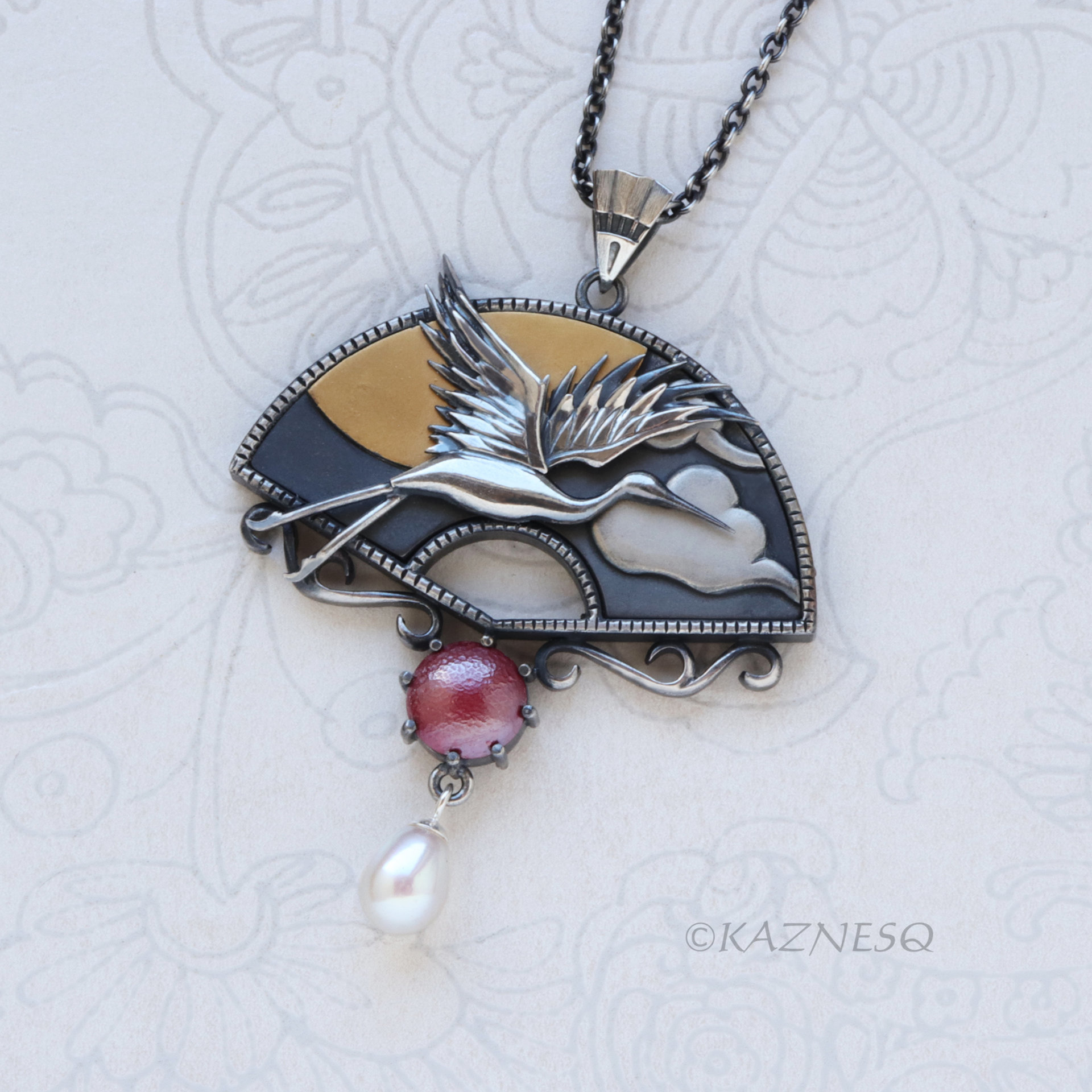 Oxidized Silver Crane Necklace with Keum-Boo Sun, Japanese Patina & Pearl