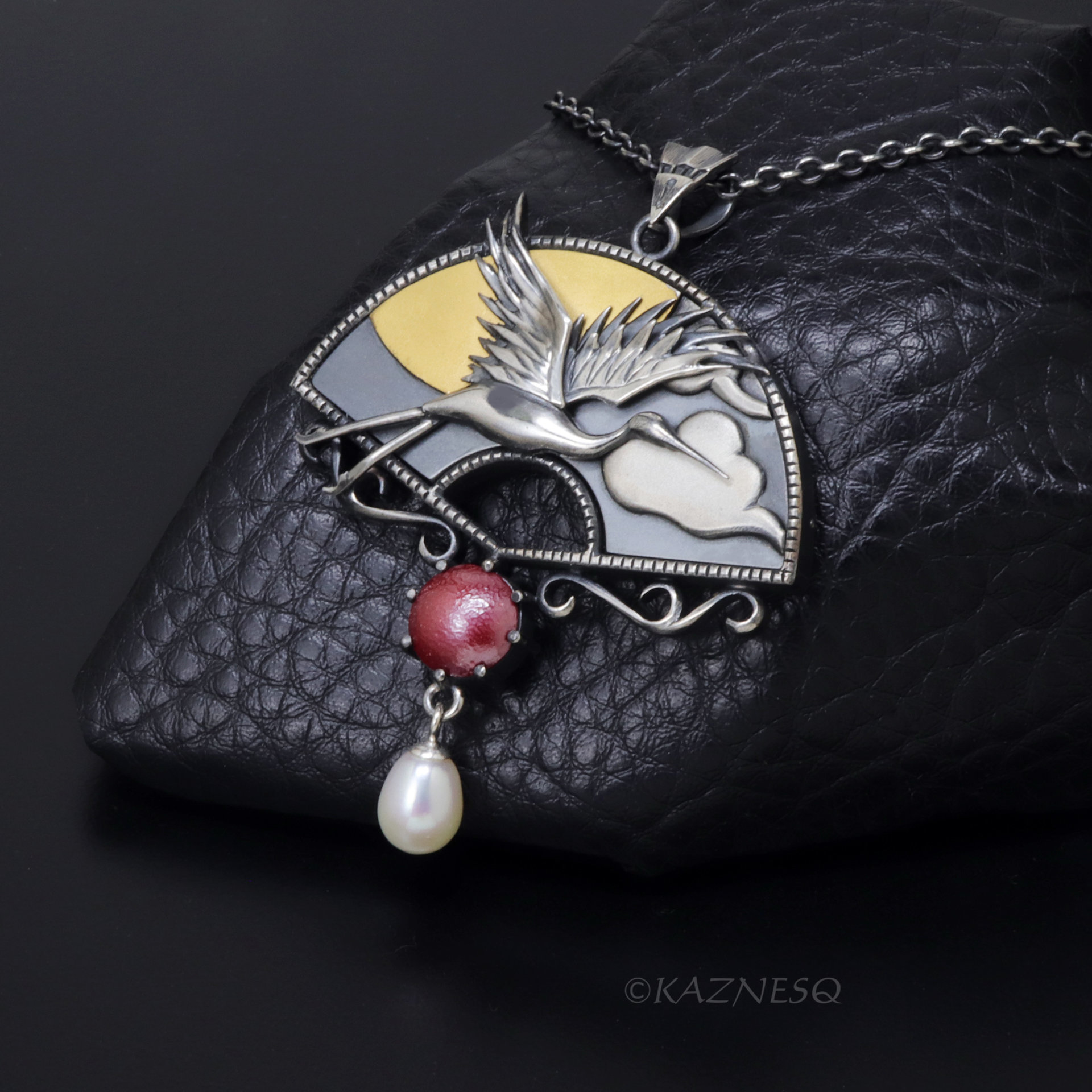 Oxidized Silver Crane Necklace with Keum-Boo Sun, Japanese Patina & Pearl