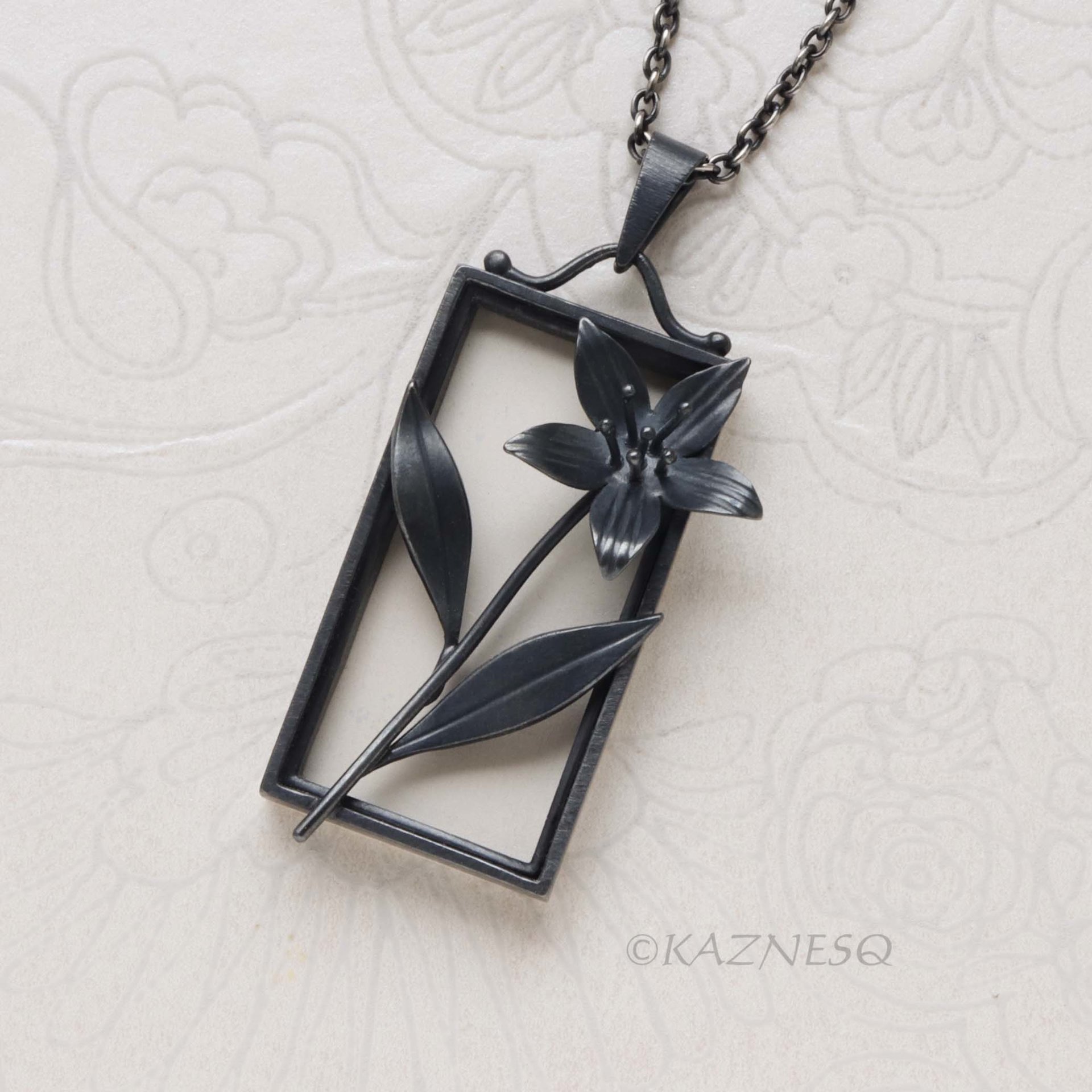 Sterling Silver Framed Flower Pendant - Handmade Black and White Botanical Necklace