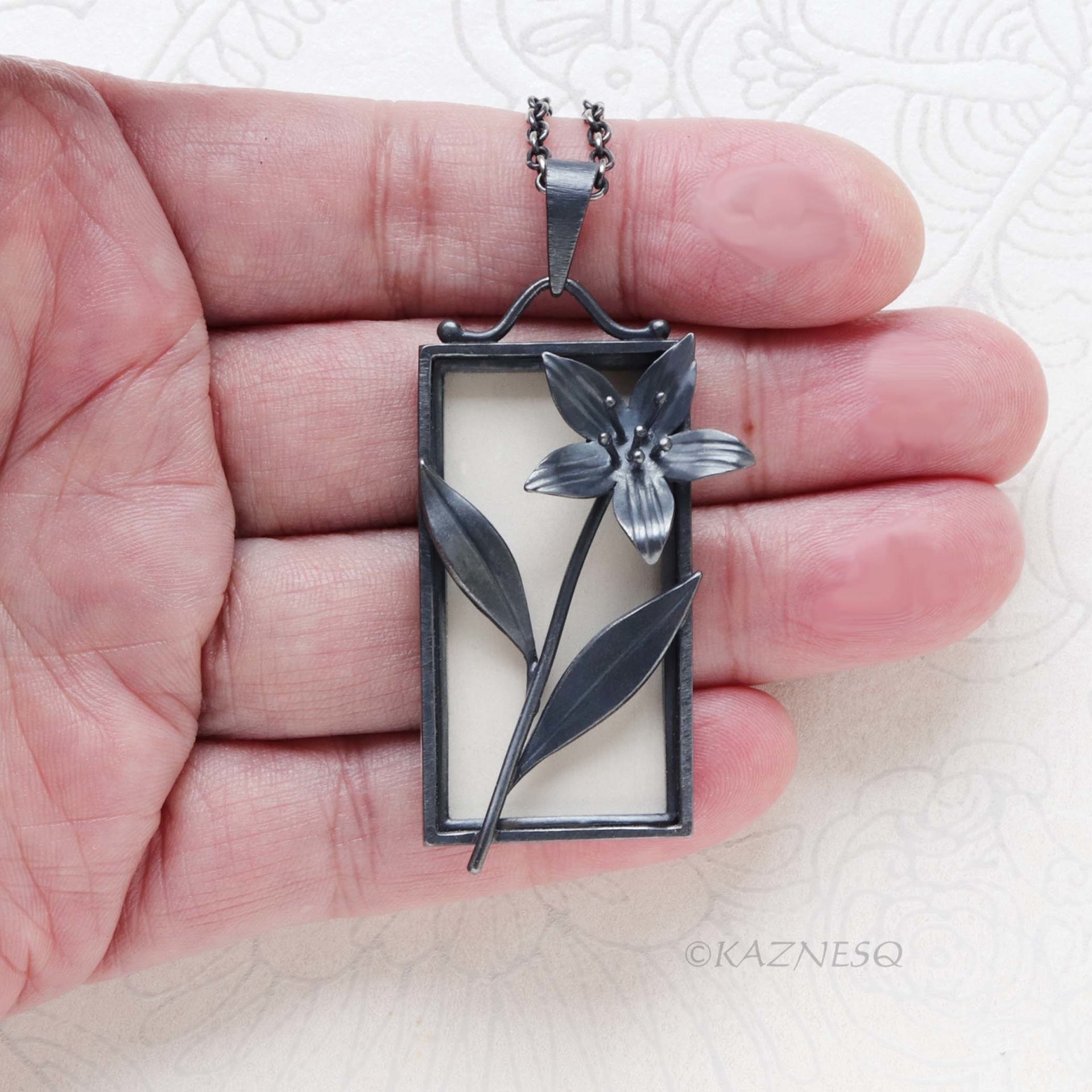 Sterling Silver Framed Flower Pendant - Handmade Black and White Botanical Necklace