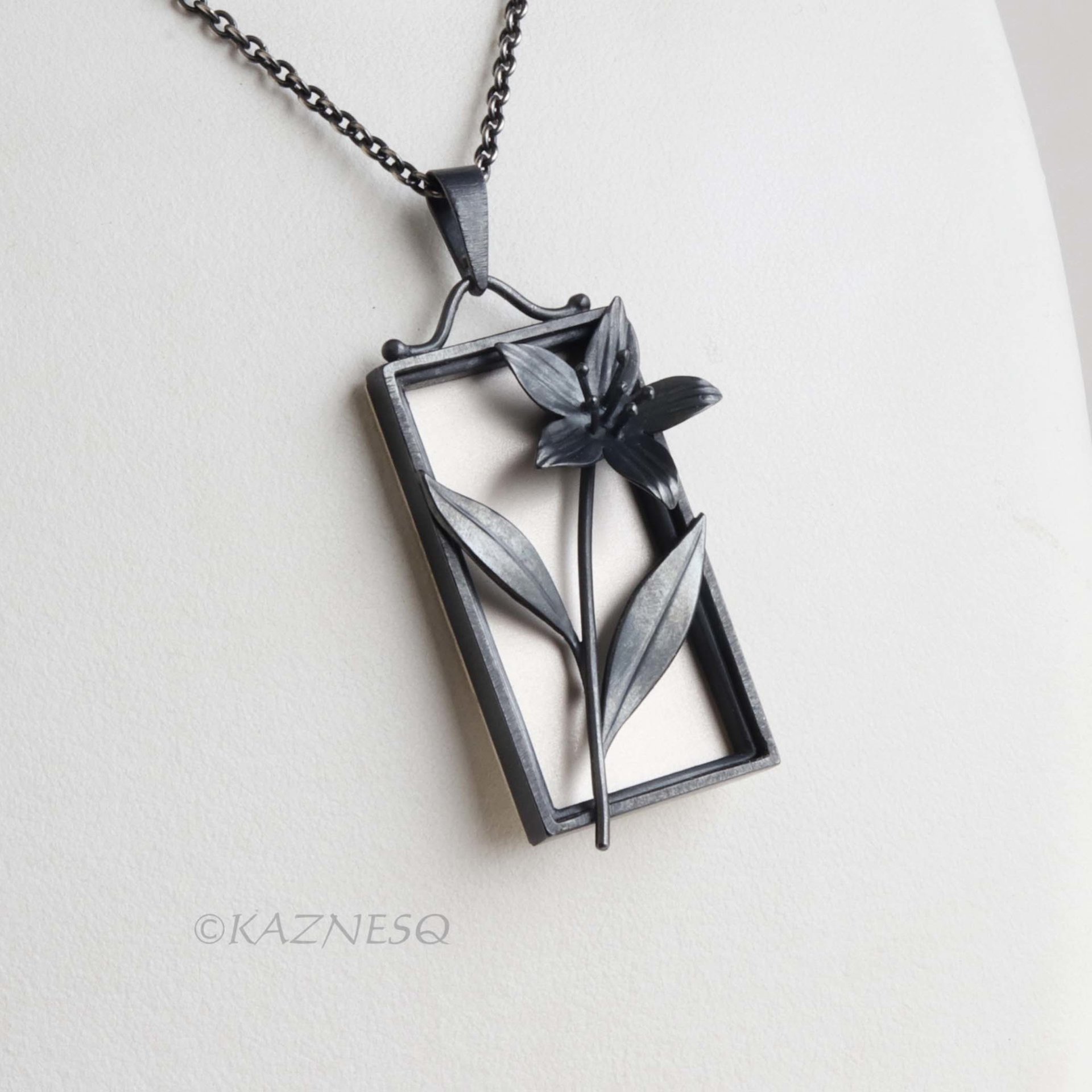 Sterling Silver Framed Flower Pendant - Handmade Black and White Botanical Necklace