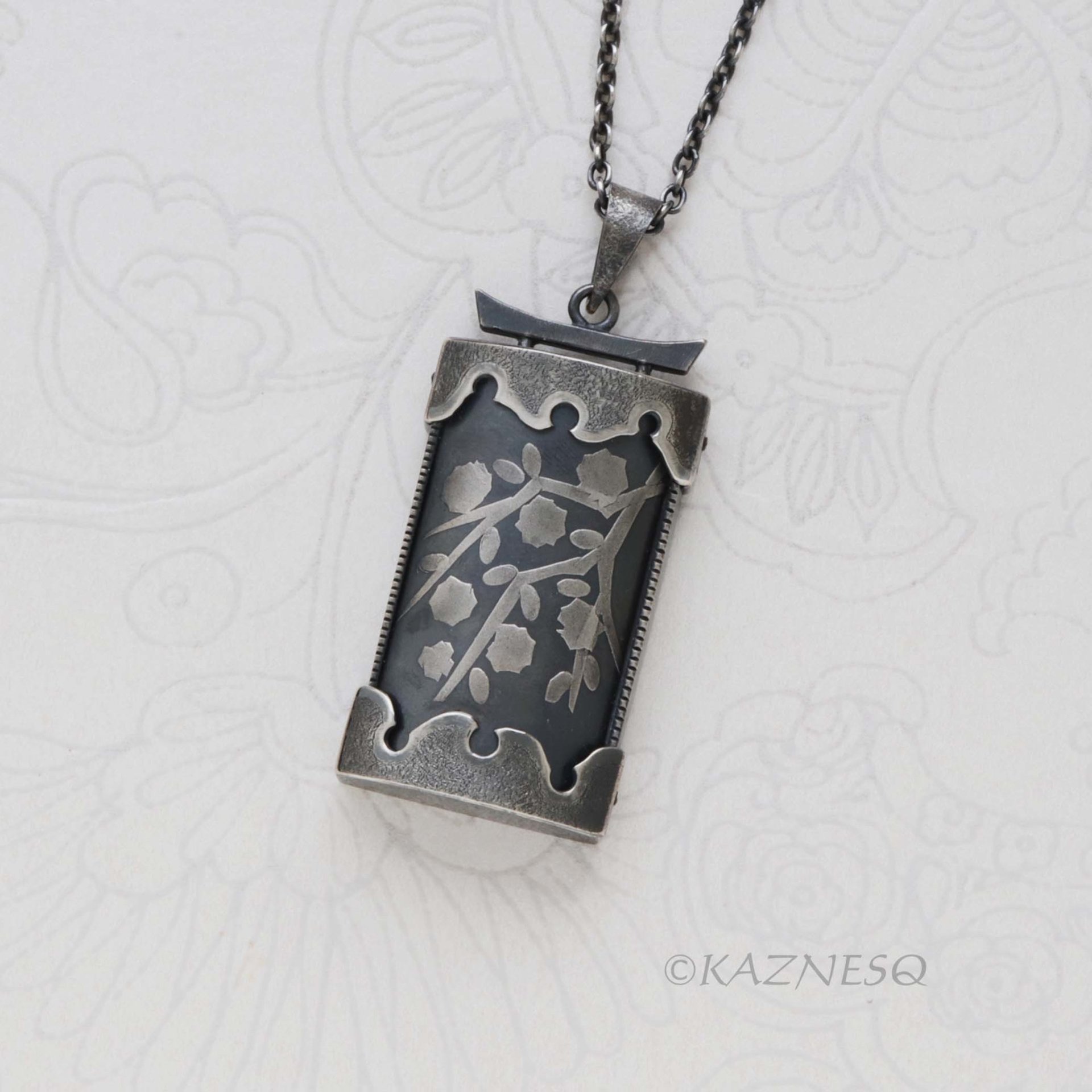 Handmade Oxidized Silver Blossom Pendant — Fine Silver Foil Kem Boo, Japanese Ink Painting Necklace, Artisan Sterling Silver Jewelry