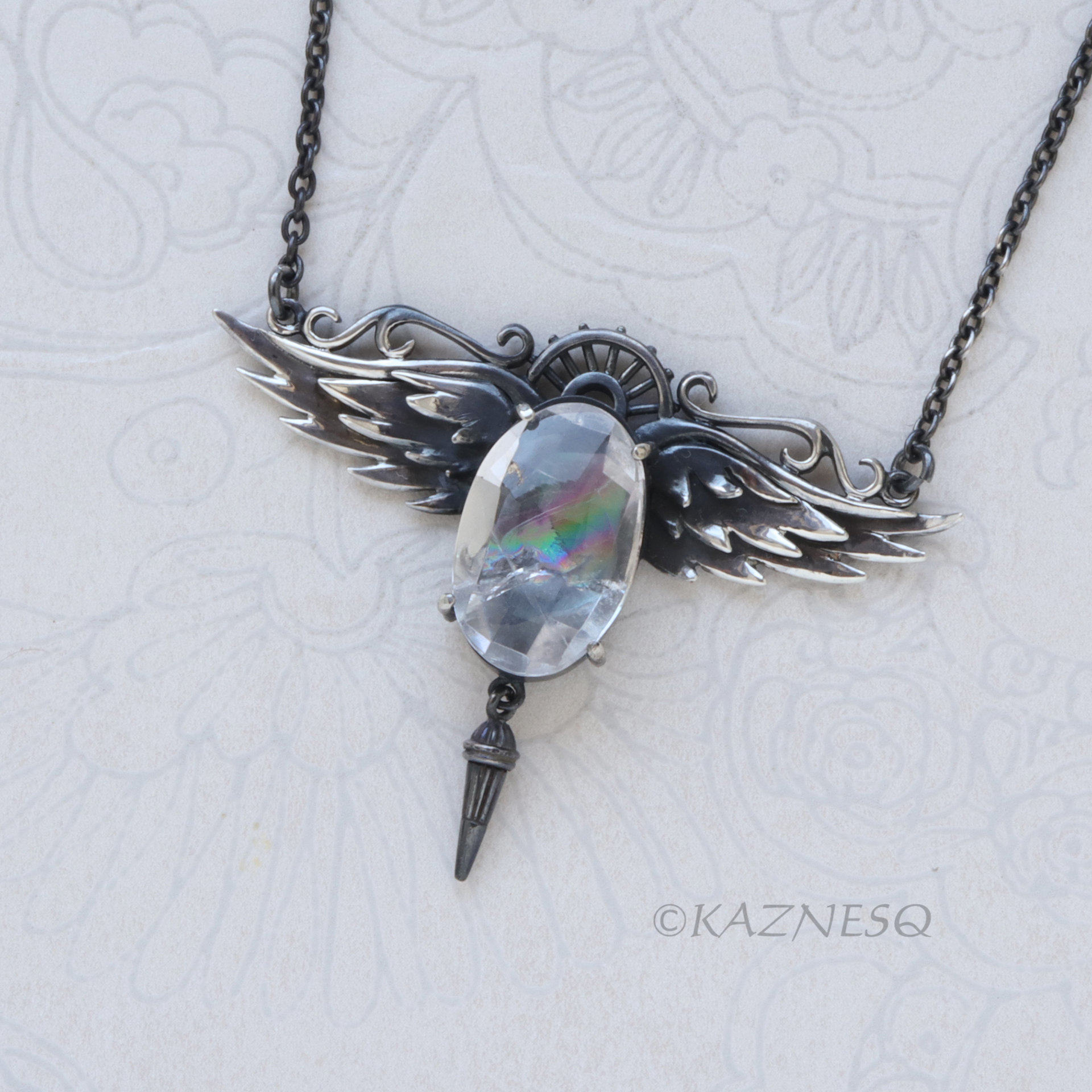 Rainbow Quartz Angel Wings Necklace – Sterling Silver Handmade Pendant