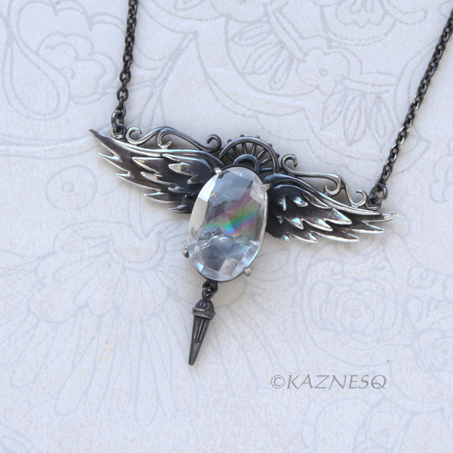 Rainbow Quartz Angel Wings Necklace – Sterling Silver Handmade Pendant