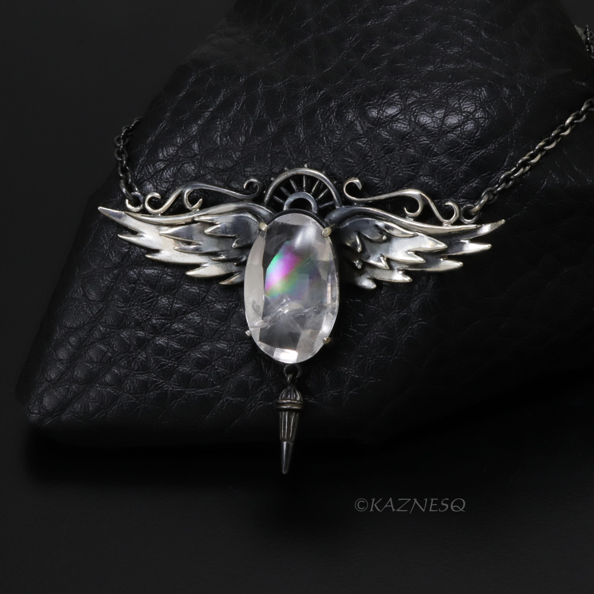 Rainbow Quartz Angel Wings Necklace – Sterling Silver Handmade Pendant