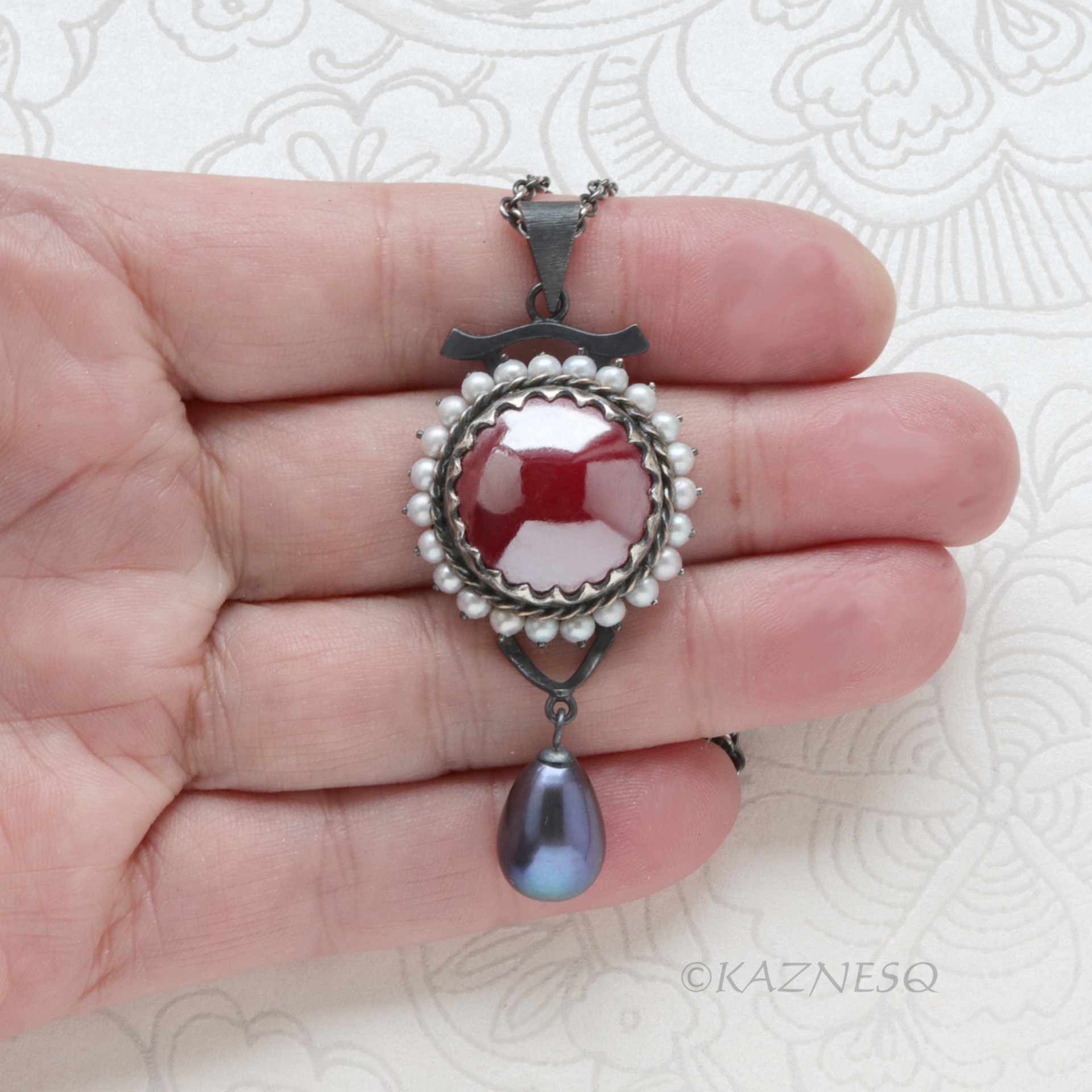 Crimson Hido Necklace — Japanese Heat Patina, Oxidized Silver & Multicolor Pearl Drop