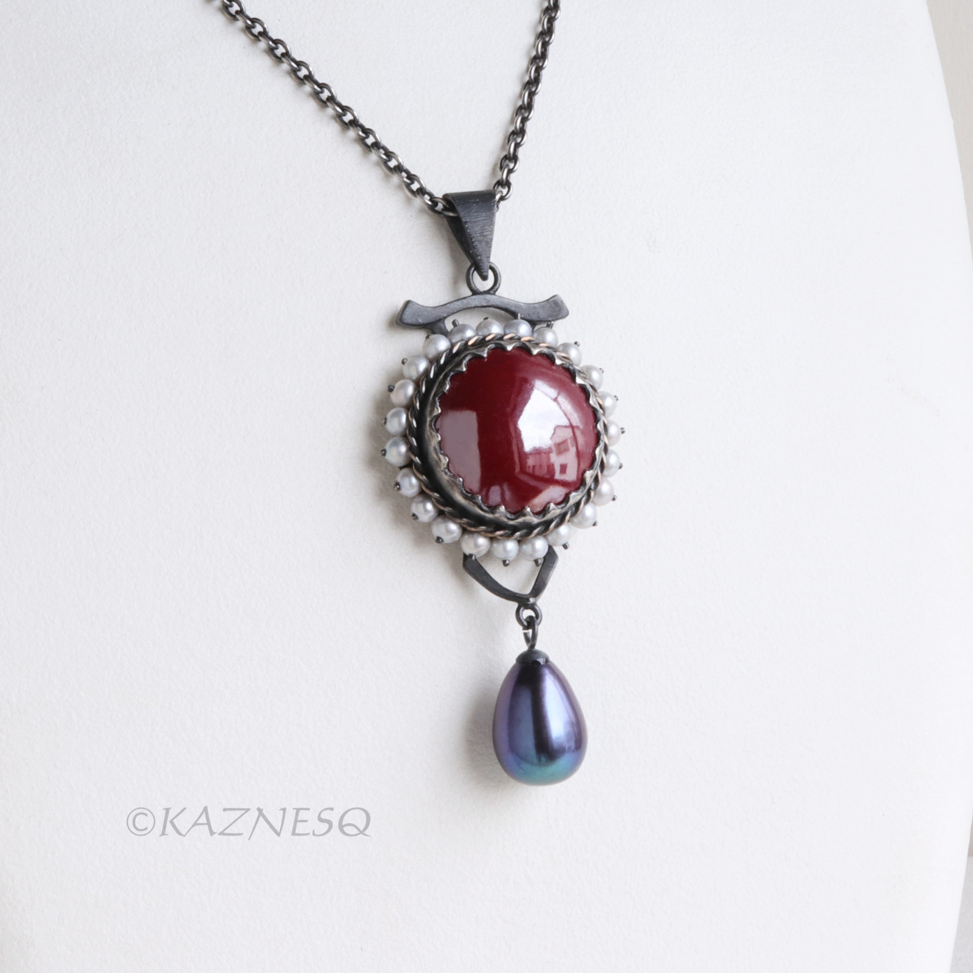 Crimson Hido Necklace — Japanese Heat Patina, Oxidized Silver & Multicolor Pearl Drop