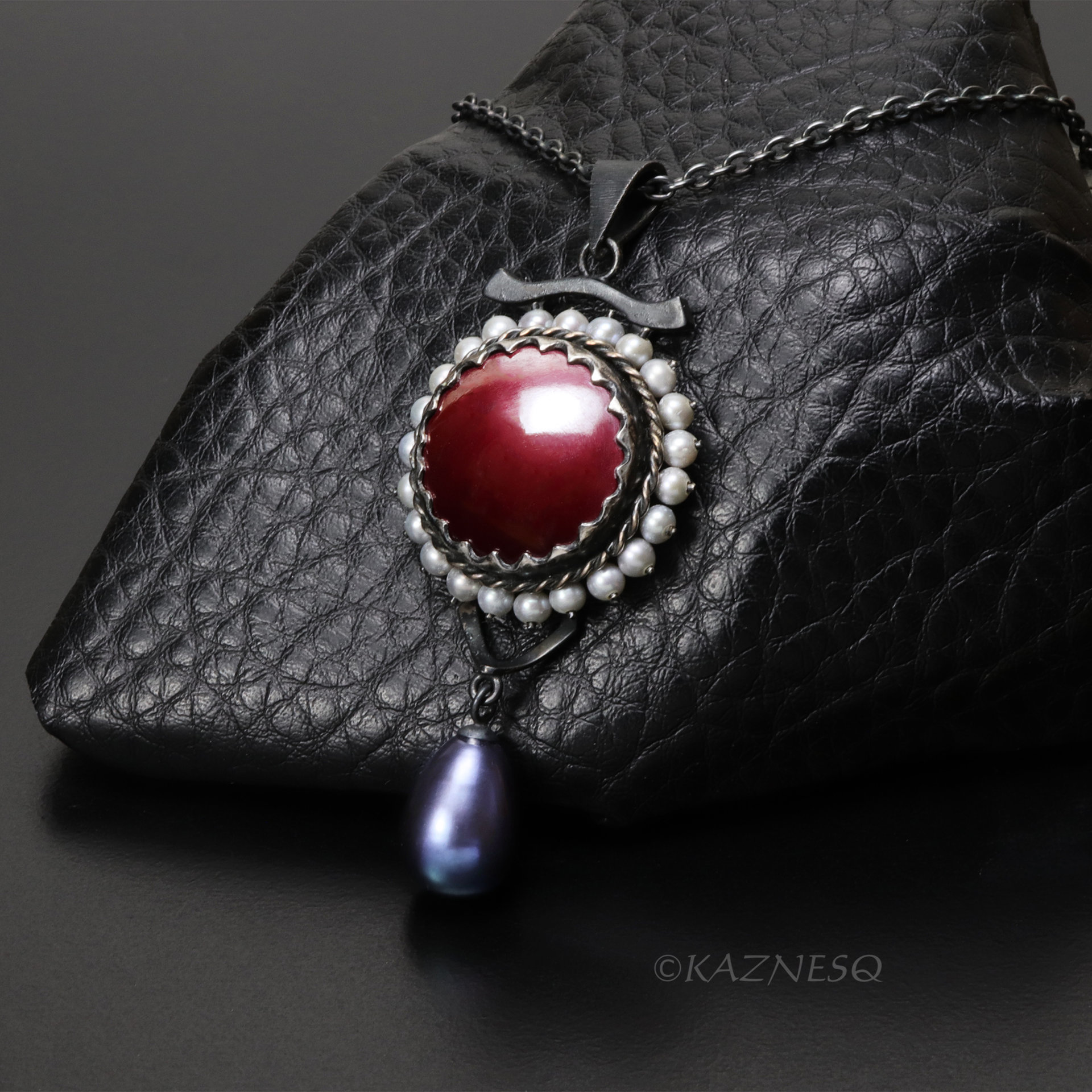 Crimson Hido Necklace — Japanese Heat Patina, Oxidized Silver & Multicolor Pearl Drop