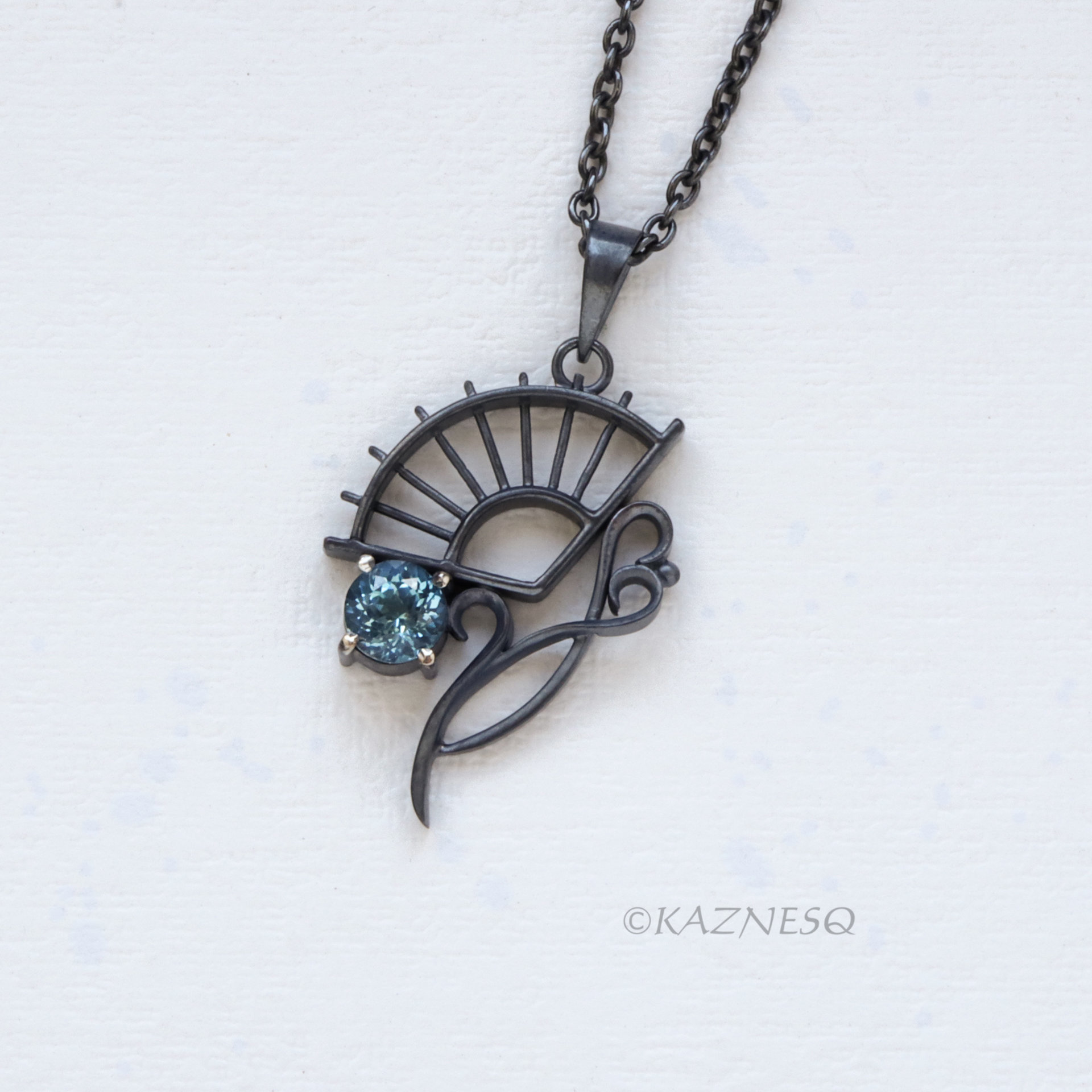 Blue Topaz Fan and Scrolls Pendant Necklace in Oxidized Sterling Silver