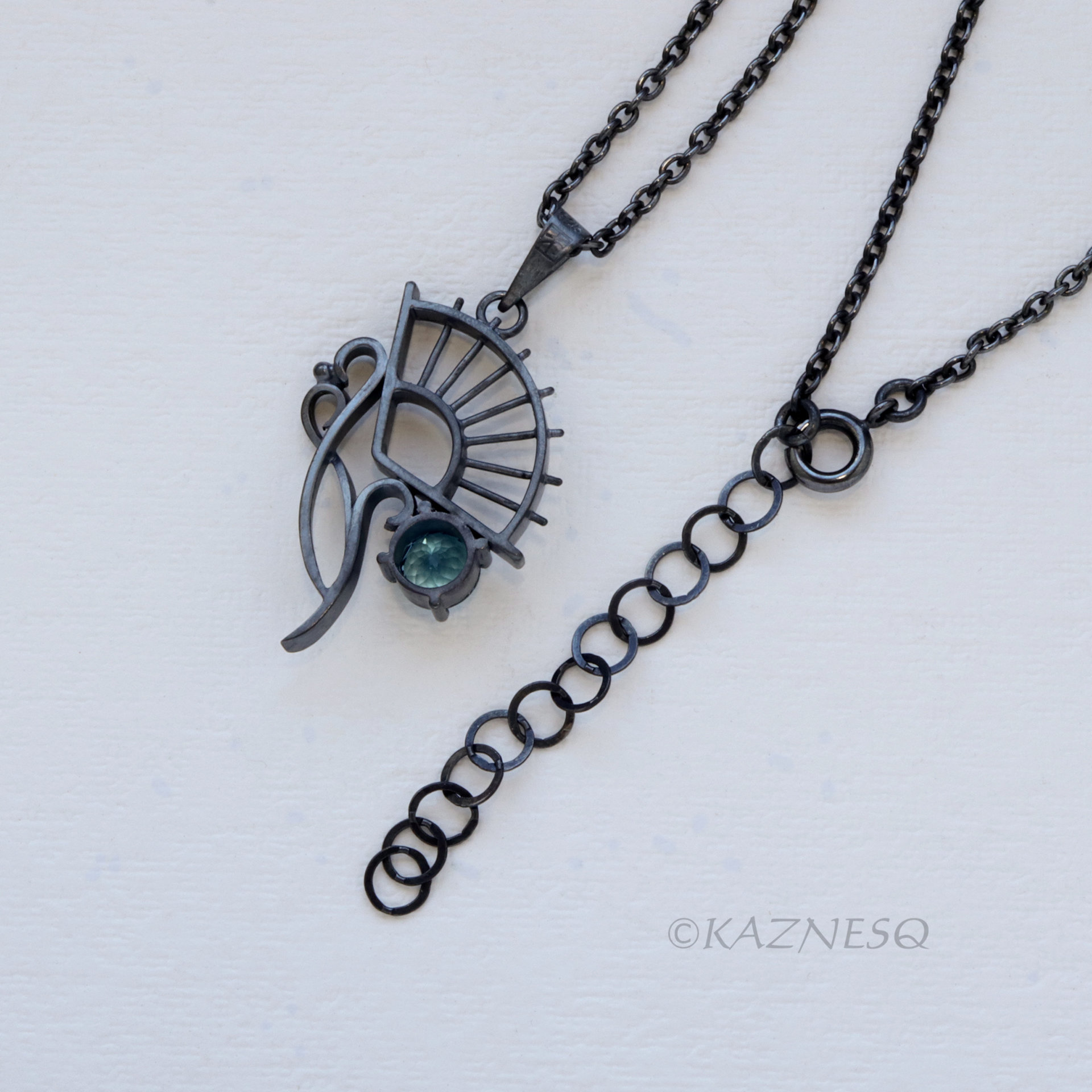Blue Topaz Fan and Scrolls Pendant Necklace in Oxidized Sterling Silver