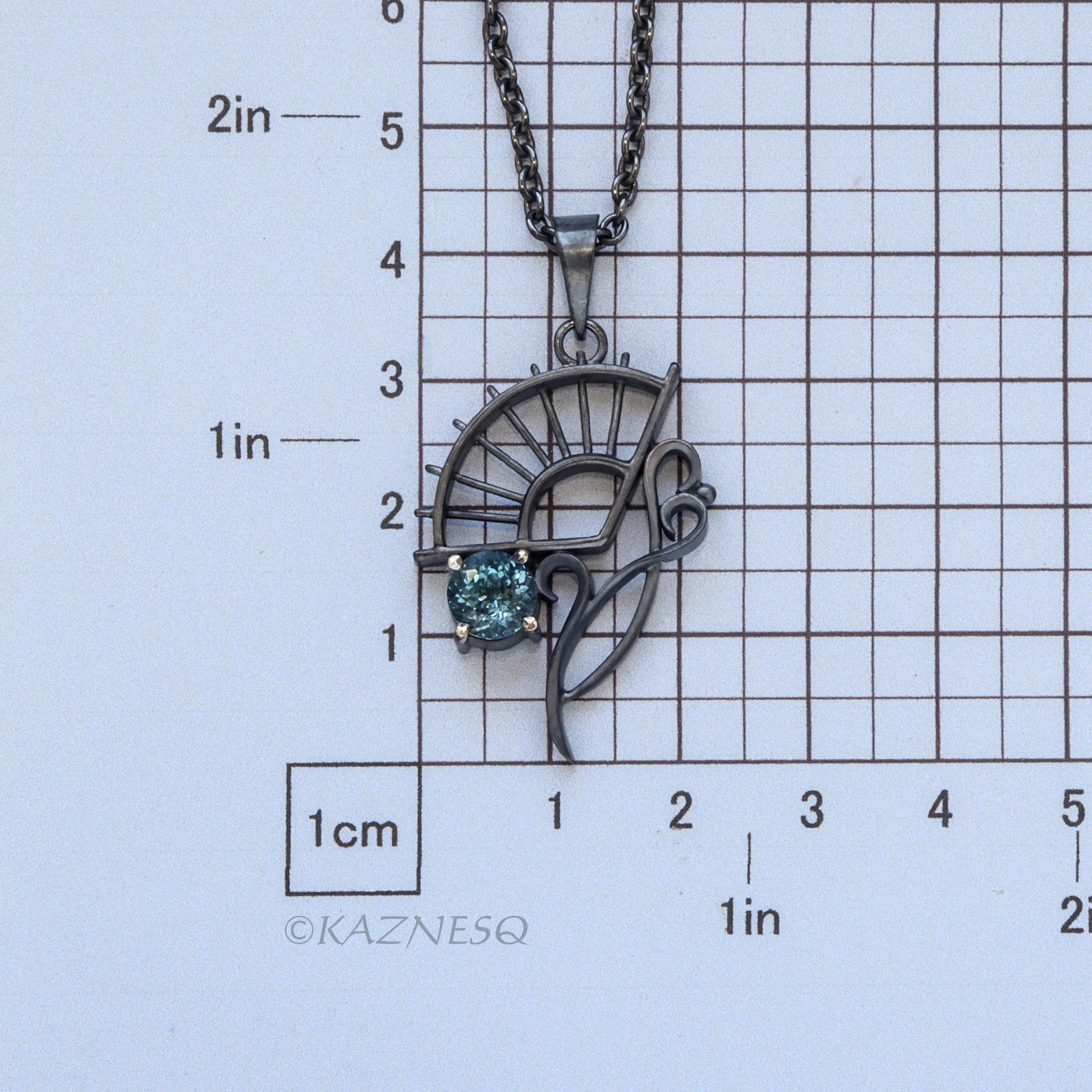 Blue Topaz Fan and Scrolls Pendant Necklace in Oxidized Sterling Silver