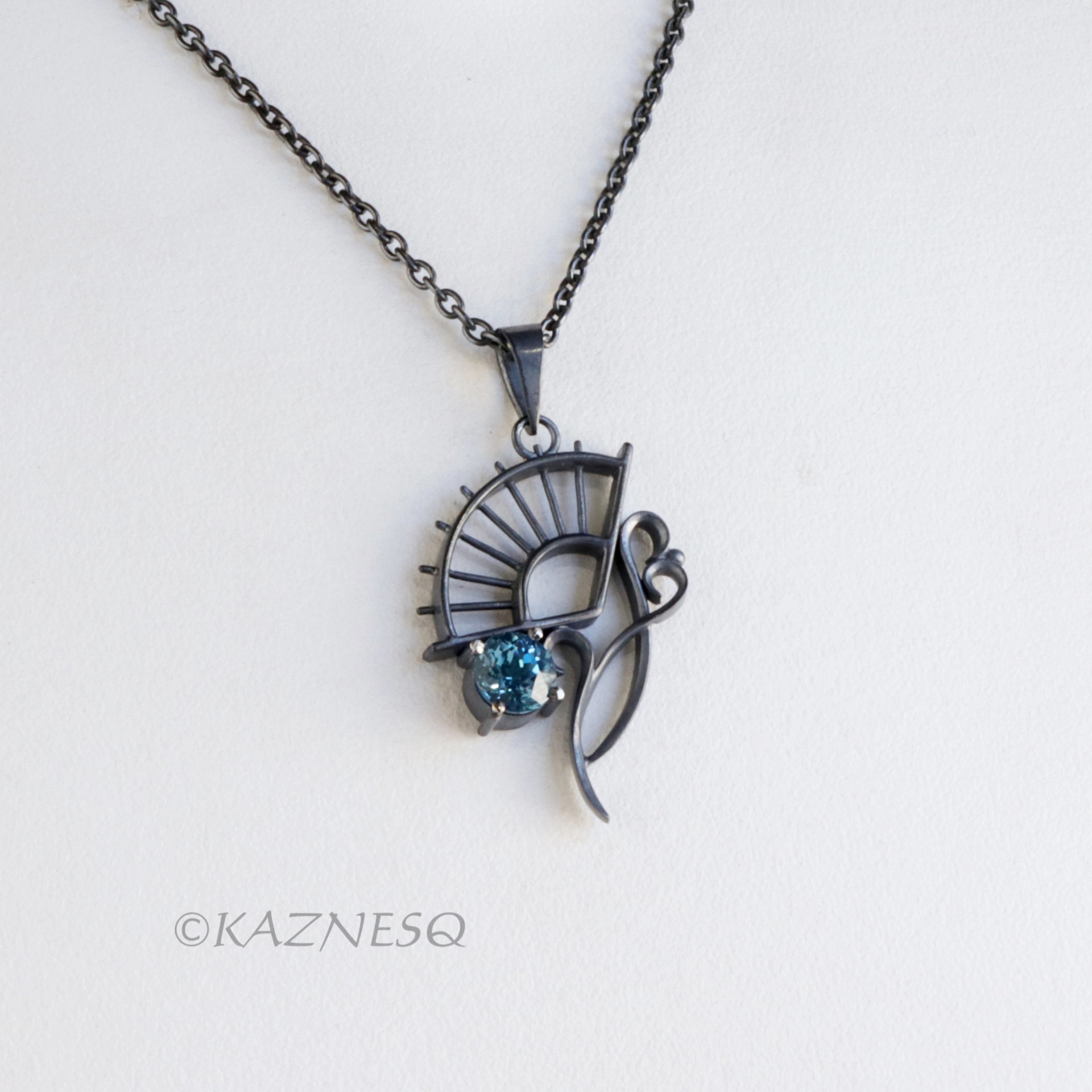 Blue Topaz Fan and Scrolls Pendant Necklace in Oxidized Sterling Silver