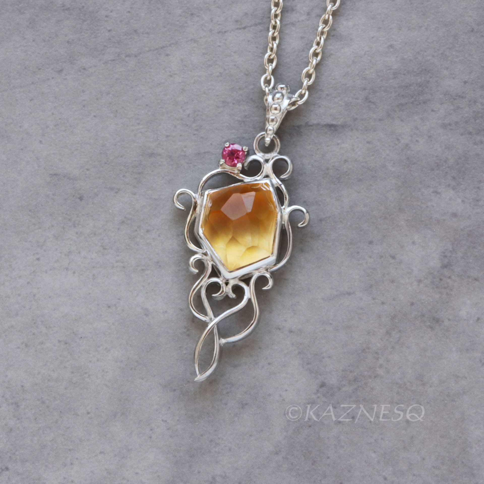 Rough-Cut Citrine Cabochon & Pink Tourmaline Pendant Necklace – White Mother of Pearl Backing, Sterling Silver Scrolls