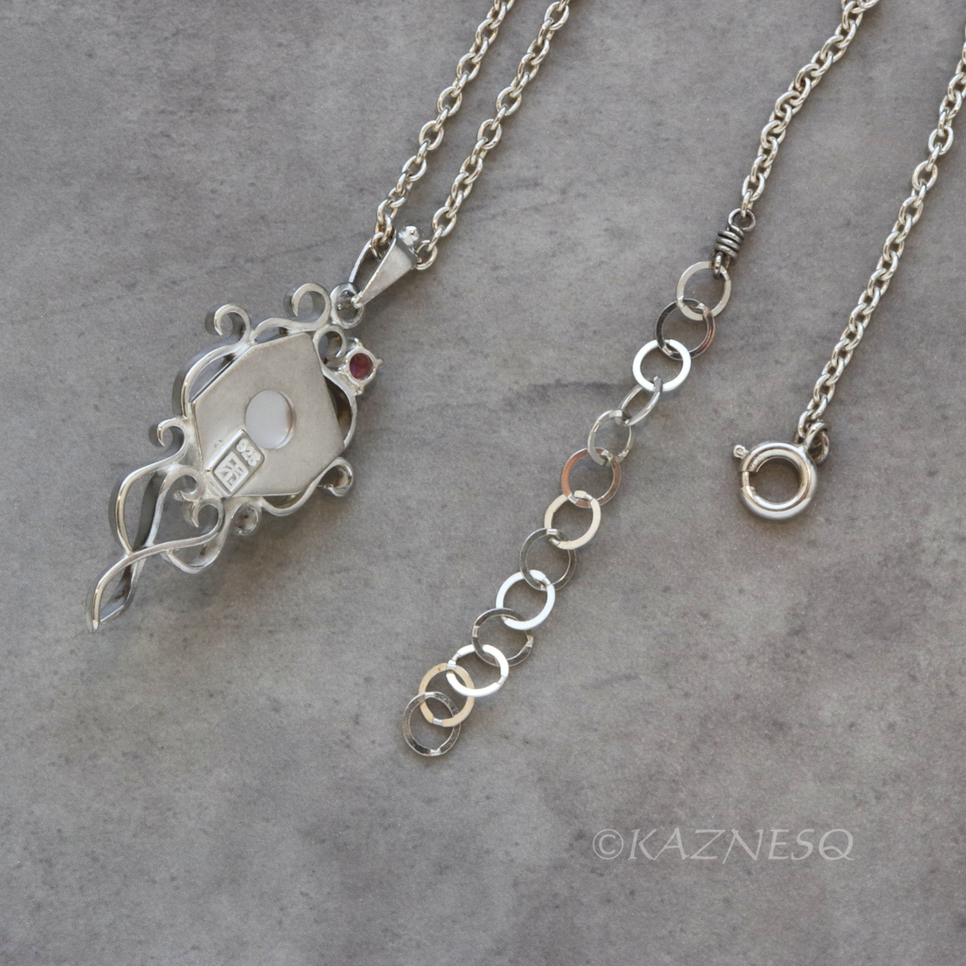 Rough-Cut Citrine Cabochon & Pink Tourmaline Pendant Necklace – White Mother of Pearl Backing, Sterling Silver Scrolls