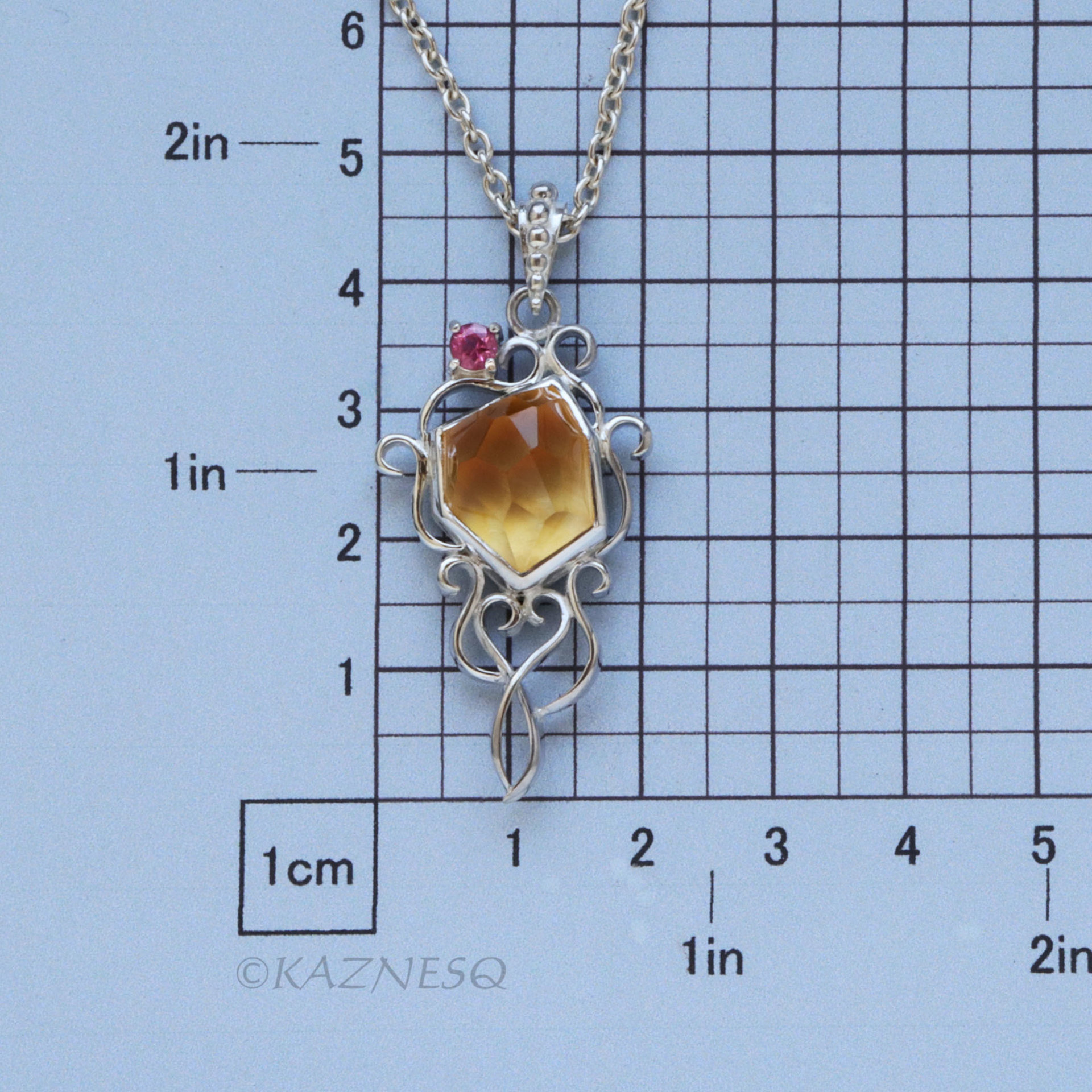 Rough-Cut Citrine Cabochon & Pink Tourmaline Pendant Necklace – White Mother of Pearl Backing, Sterling Silver Scrolls
