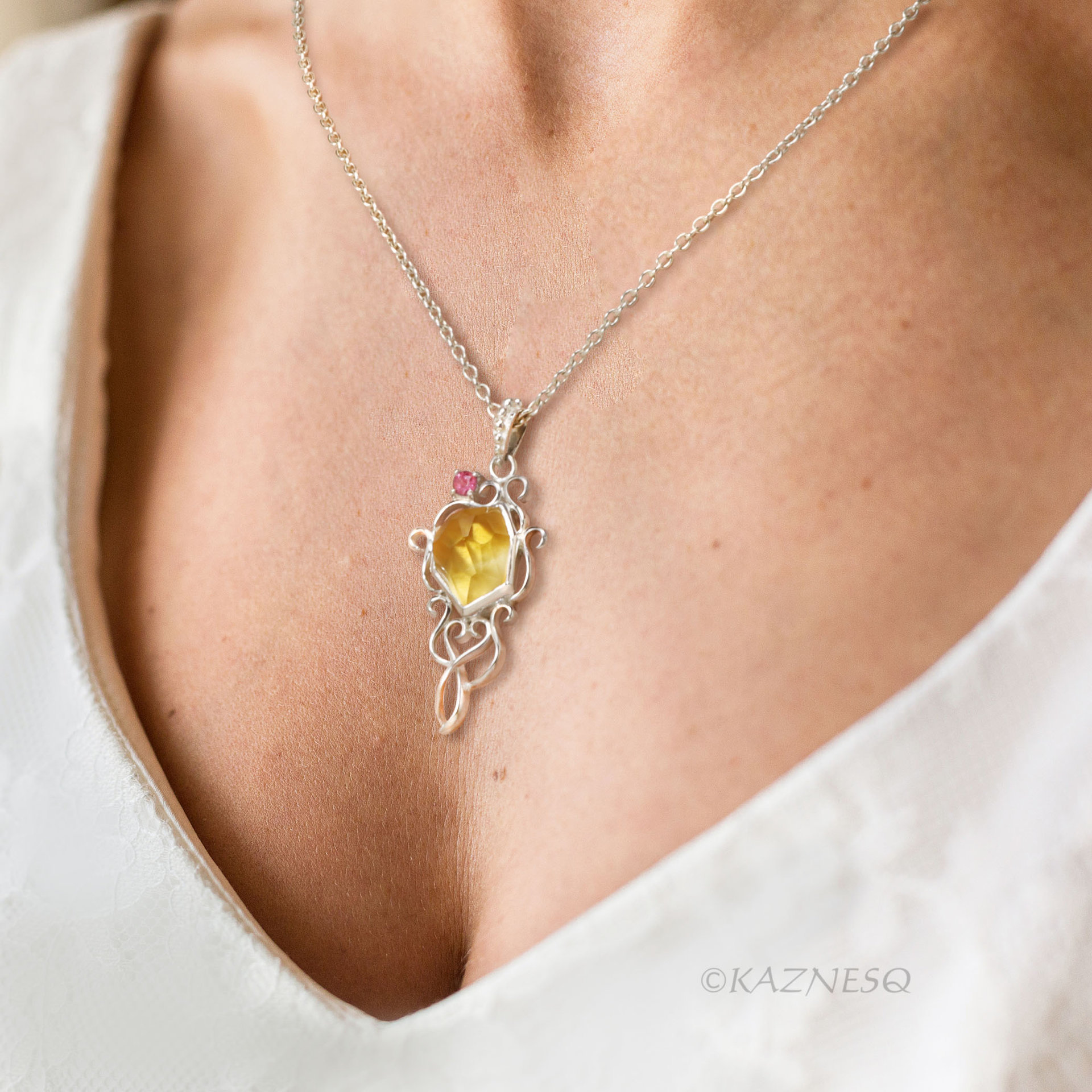 Rough-Cut Citrine Cabochon & Pink Tourmaline Pendant Necklace – White Mother of Pearl Backing, Sterling Silver Scrolls