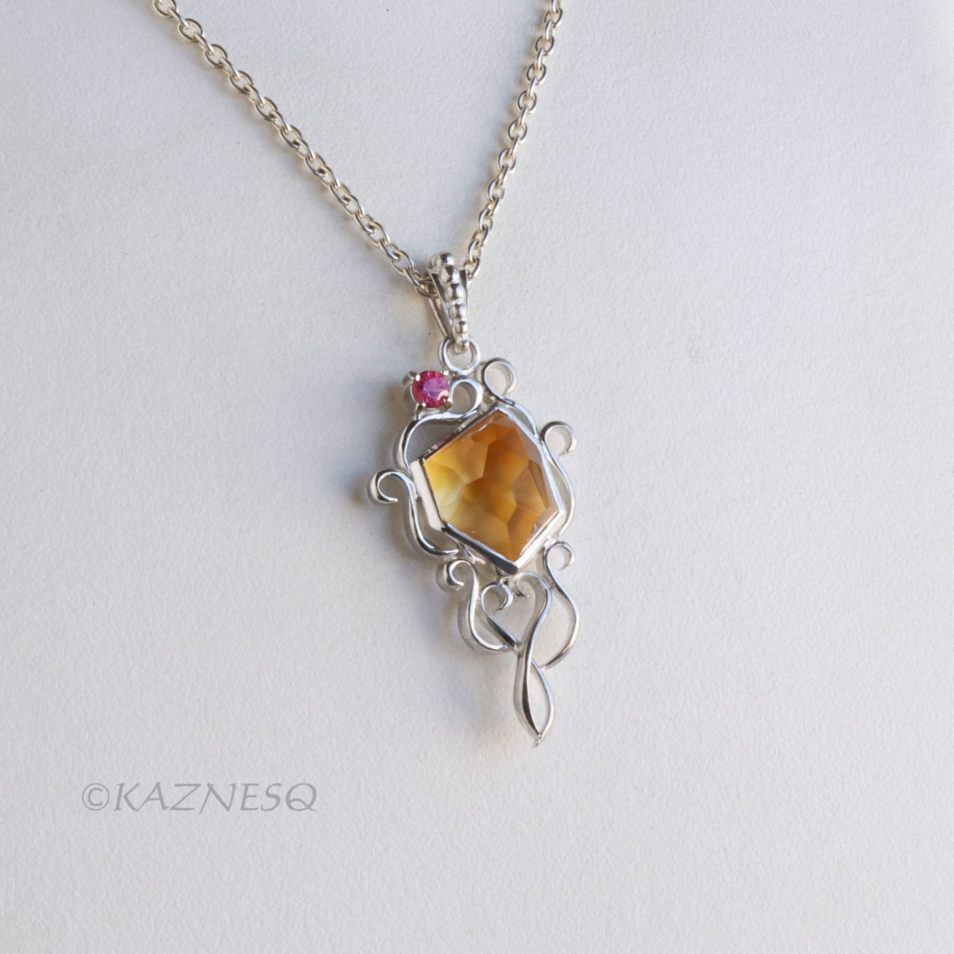 Rough-Cut Citrine Cabochon & Pink Tourmaline Pendant Necklace – White Mother of Pearl Backing, Sterling Silver Scrolls