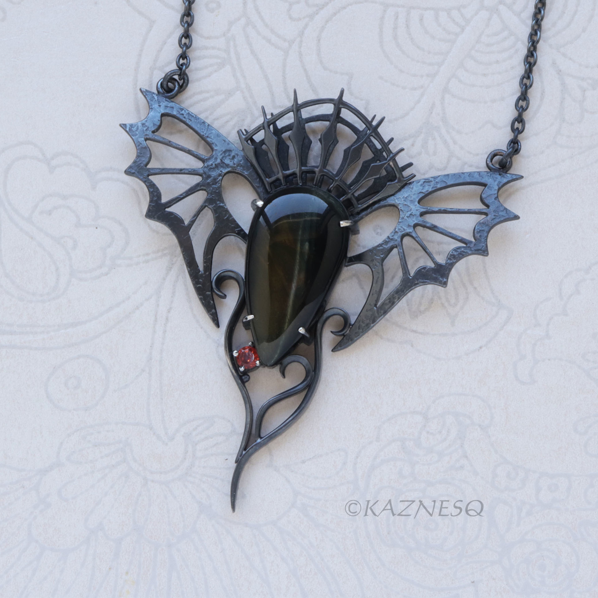 Dragon Wing Necklace | Oxidized Silver & Black Tiger Eye | Gothic Ironpunk Pendant | Garnet Accent | Handcrafted Statement Jewelry