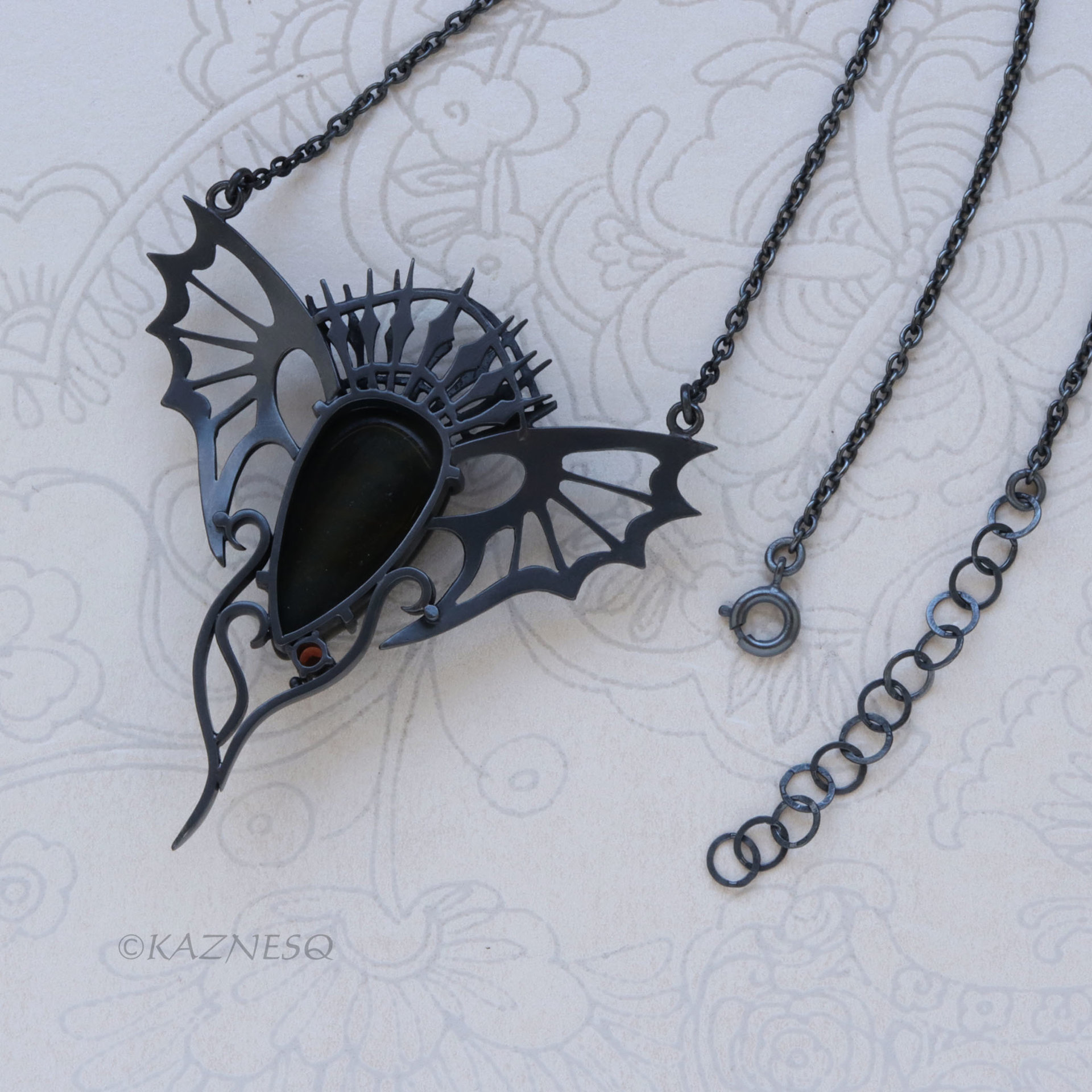 Dragon Wing Necklace | Oxidized Silver & Black Tiger Eye | Gothic Ironpunk Pendant | Garnet Accent | Handcrafted Statement Jewelry