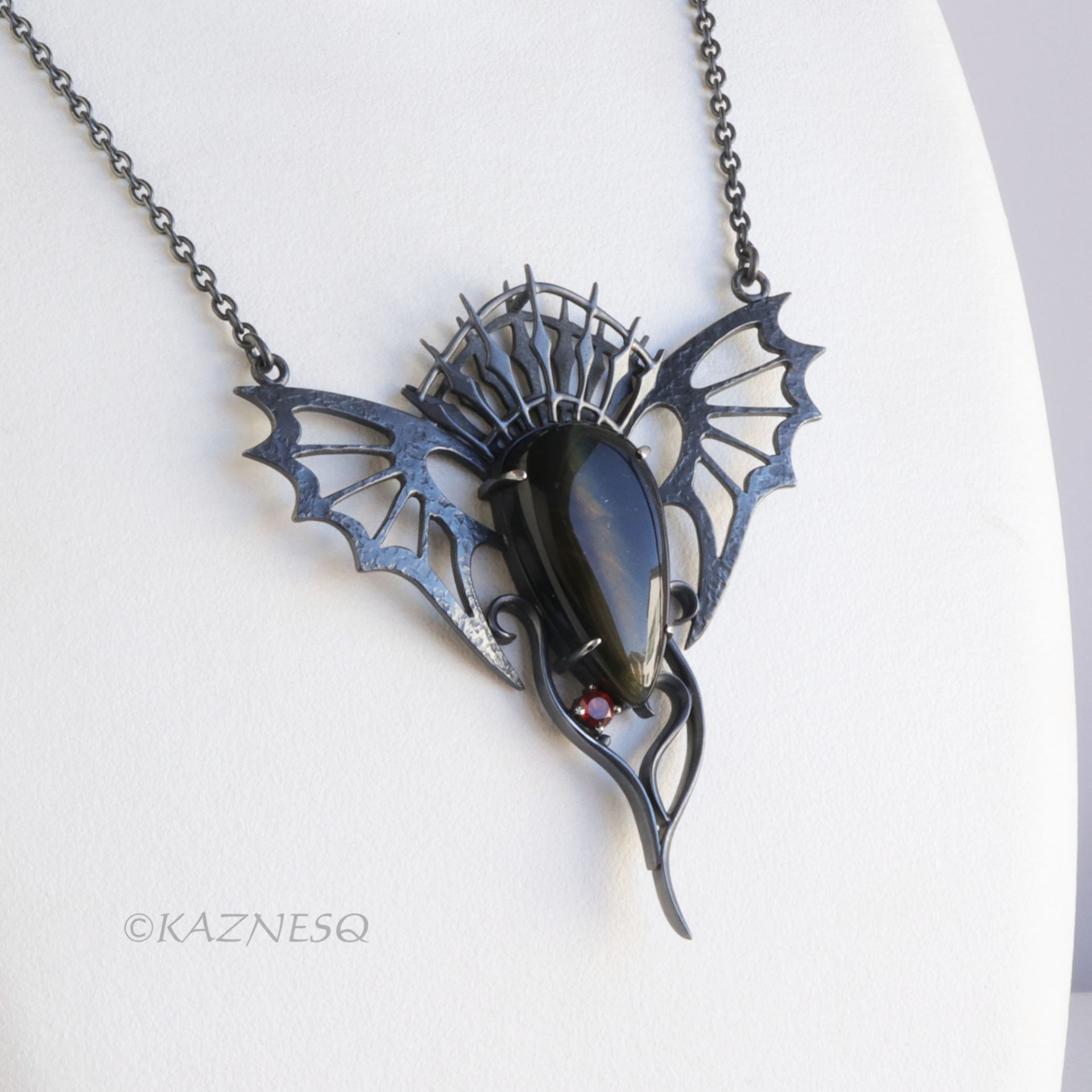 Dragon Wing Necklace | Oxidized Silver & Black Tiger Eye | Gothic Ironpunk Pendant | Garnet Accent | Handcrafted Statement Jewelry