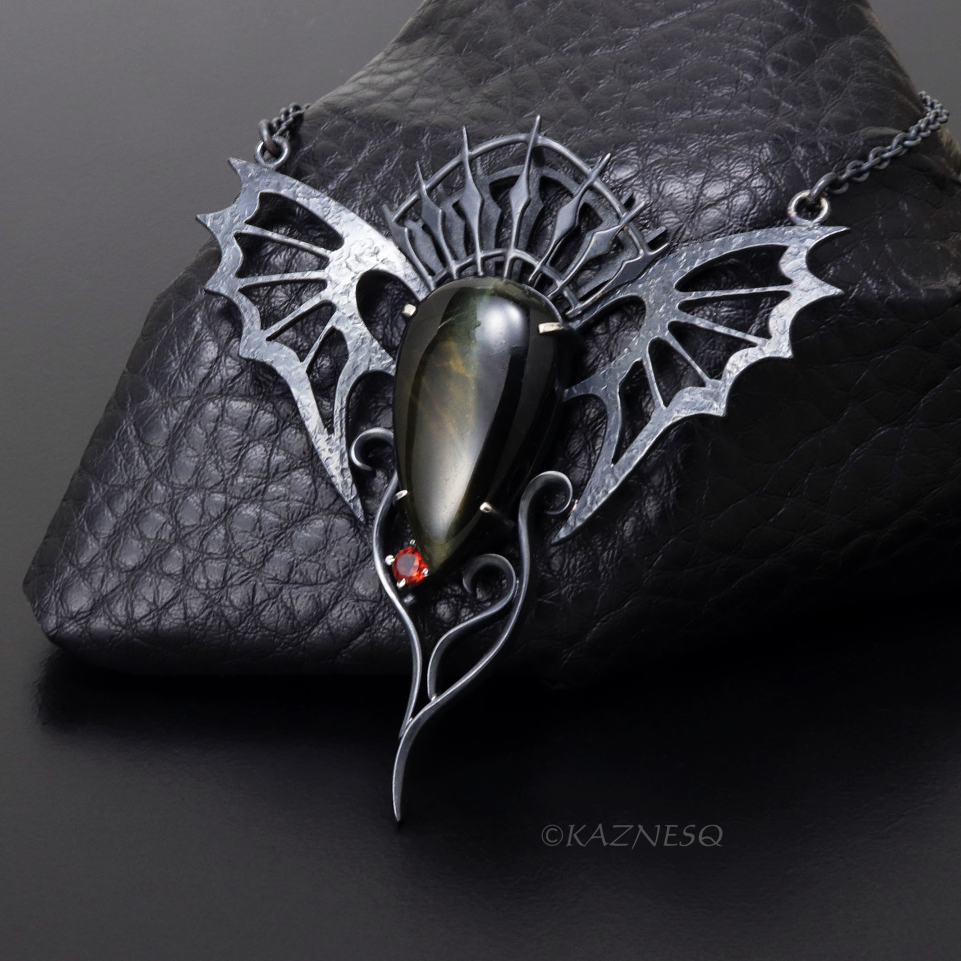 Dragon Wing Necklace | Oxidized Silver & Black Tiger Eye | Gothic Ironpunk Pendant | Garnet Accent | Handcrafted Statement Jewelry