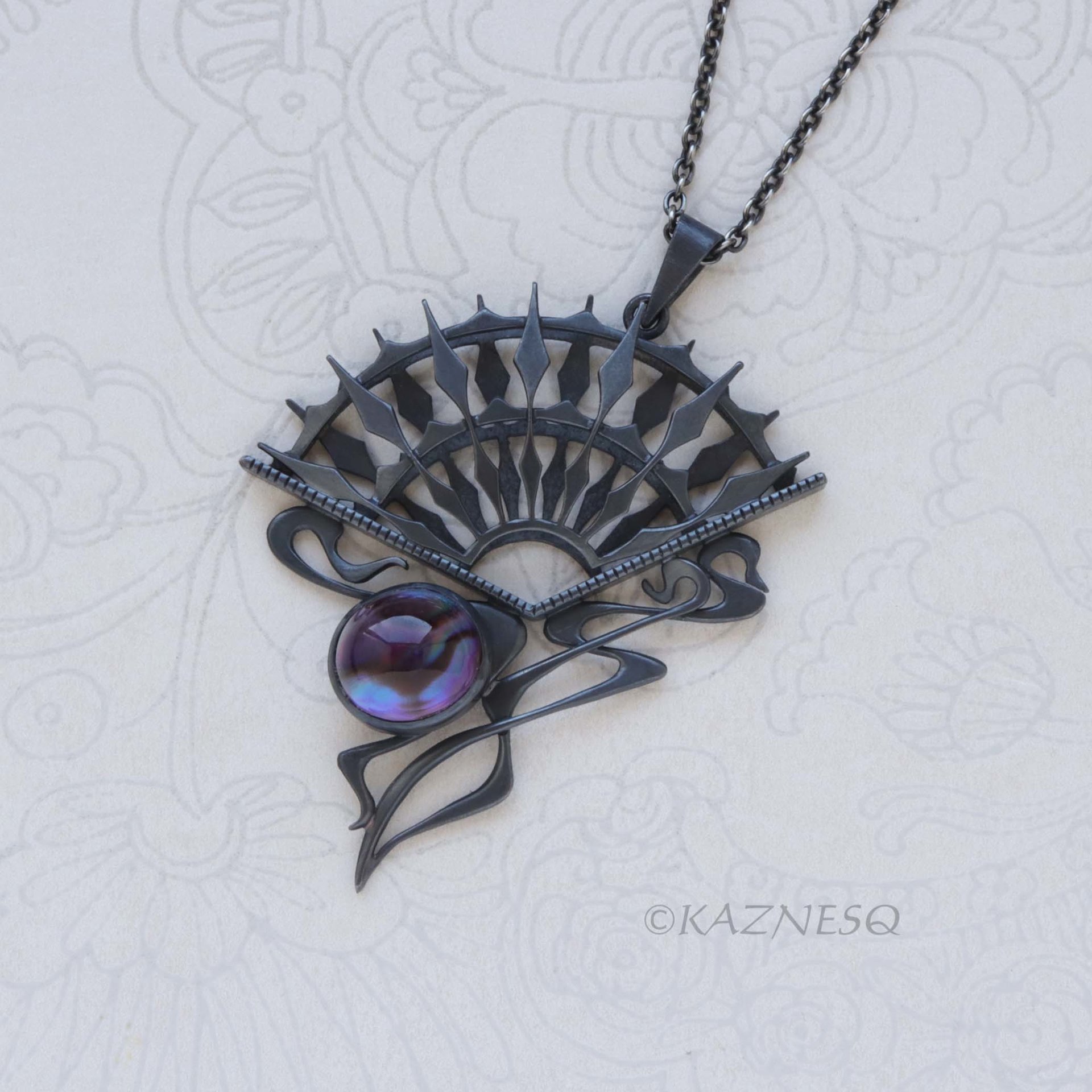 Art Nouveau Gothic Necklace — Handcrafted Oxidized Silver Dark Sun Fan Pendant with Amethyst Paua Shell