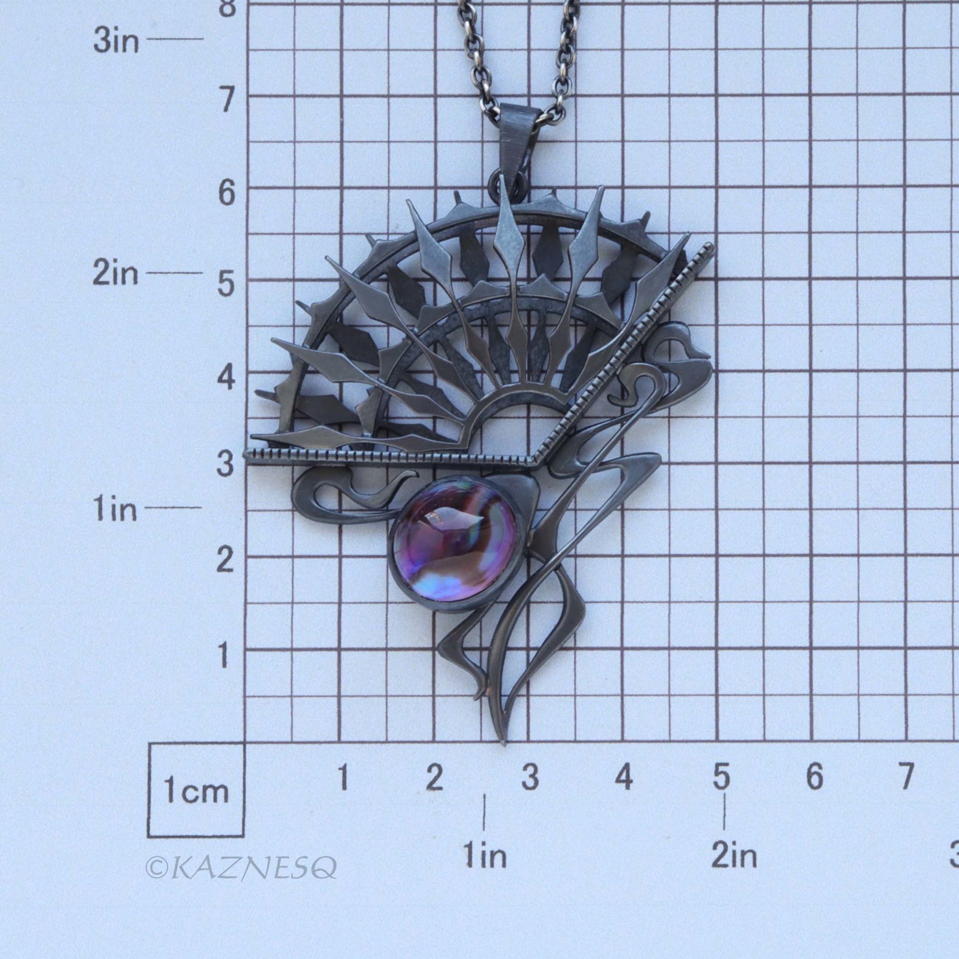 Art Nouveau Gothic Necklace — Handcrafted Oxidized Silver Dark Sun Fan Pendant with Amethyst Paua Shell