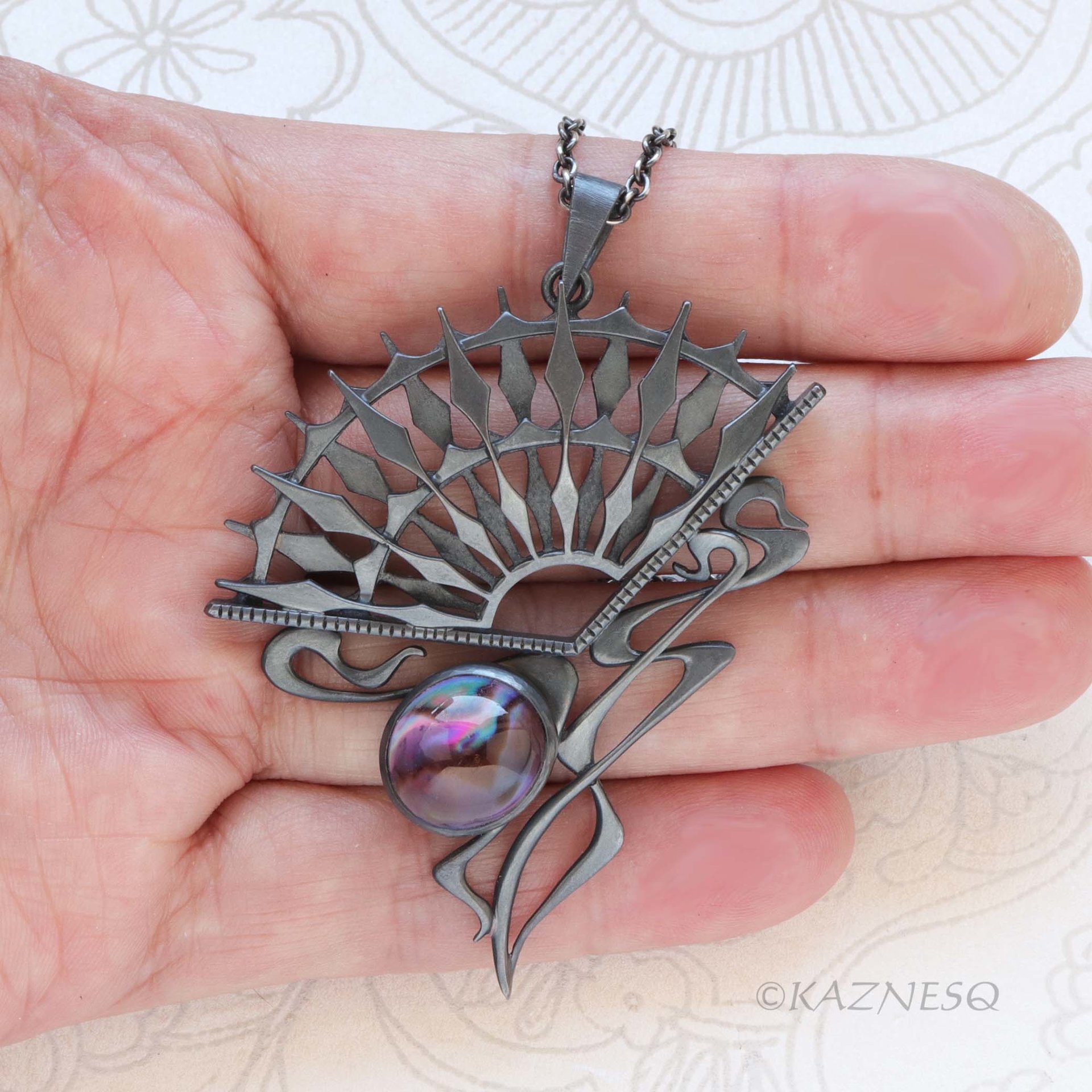 Art Nouveau Gothic Necklace — Handcrafted Oxidized Silver Dark Sun Fan Pendant with Amethyst Paua Shell