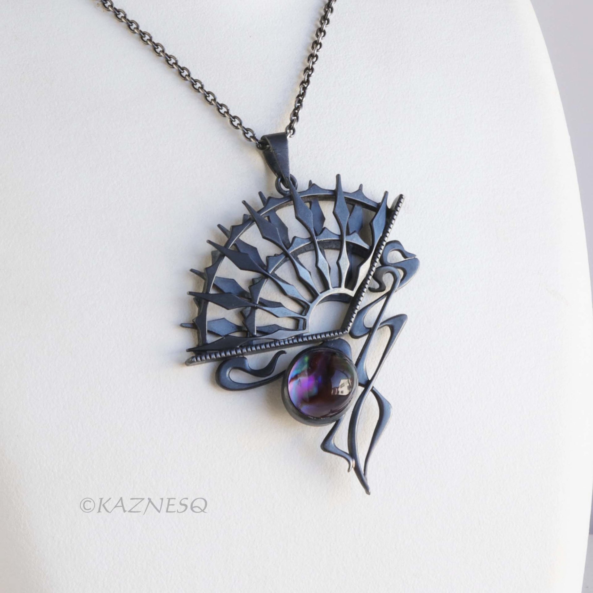 Art Nouveau Gothic Necklace — Handcrafted Oxidized Silver Dark Sun Fan Pendant with Amethyst Paua Shell