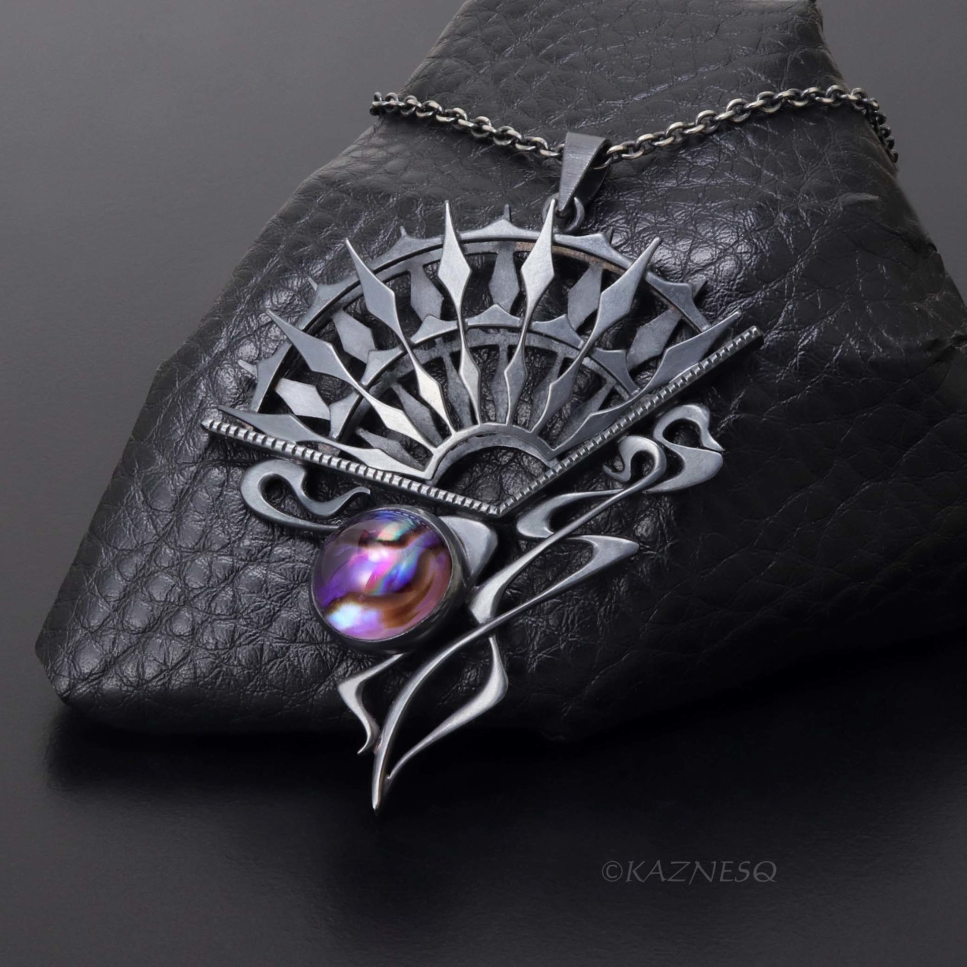 Art Nouveau Gothic Necklace — Handcrafted Oxidized Silver Dark Sun Fan Pendant with Amethyst Paua Shell