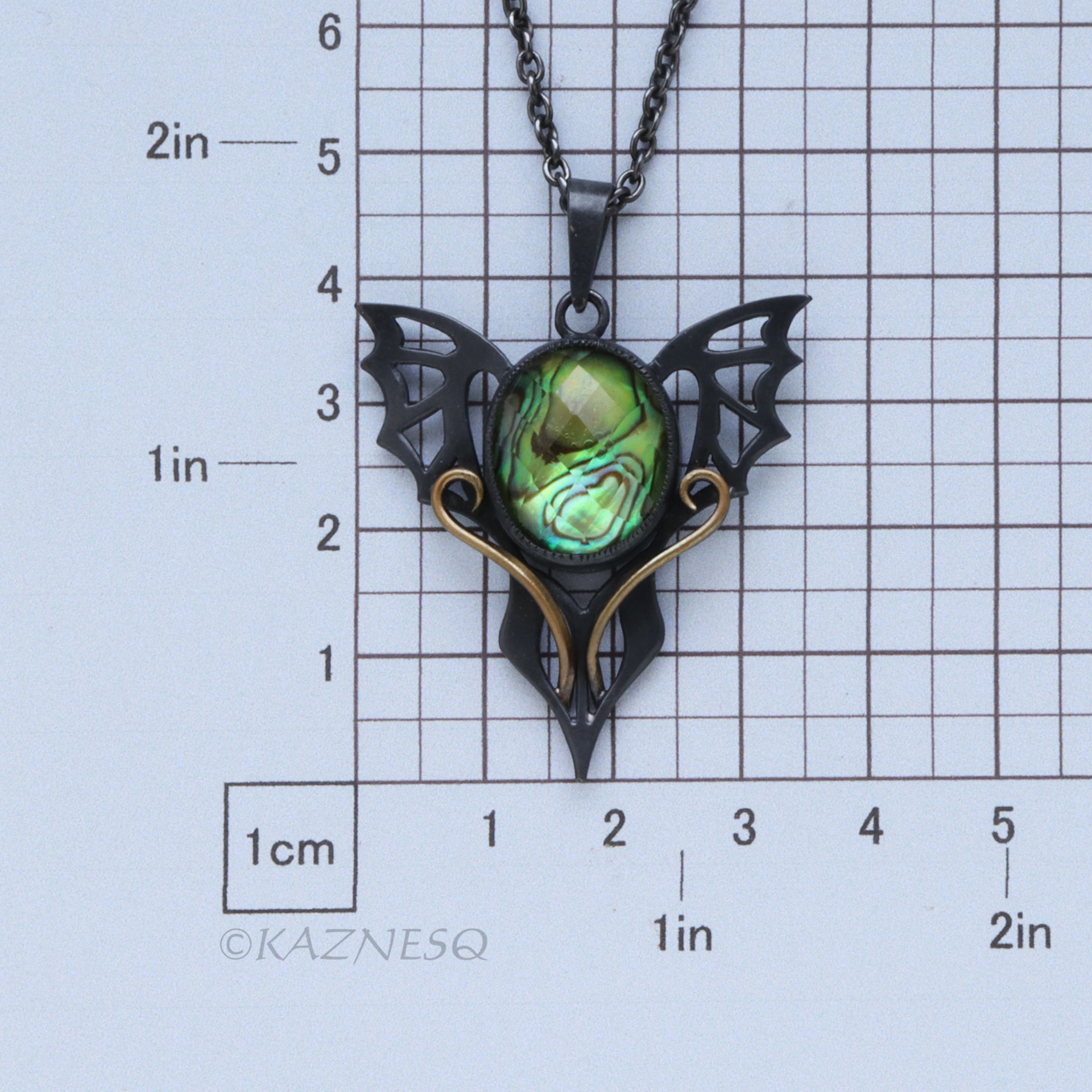 Handmade Gothic Pendant Necklace – Oxidized Silver Dragon Wing with Paua Shell Lemon Quartz Doublet & Brass Scrollwork
