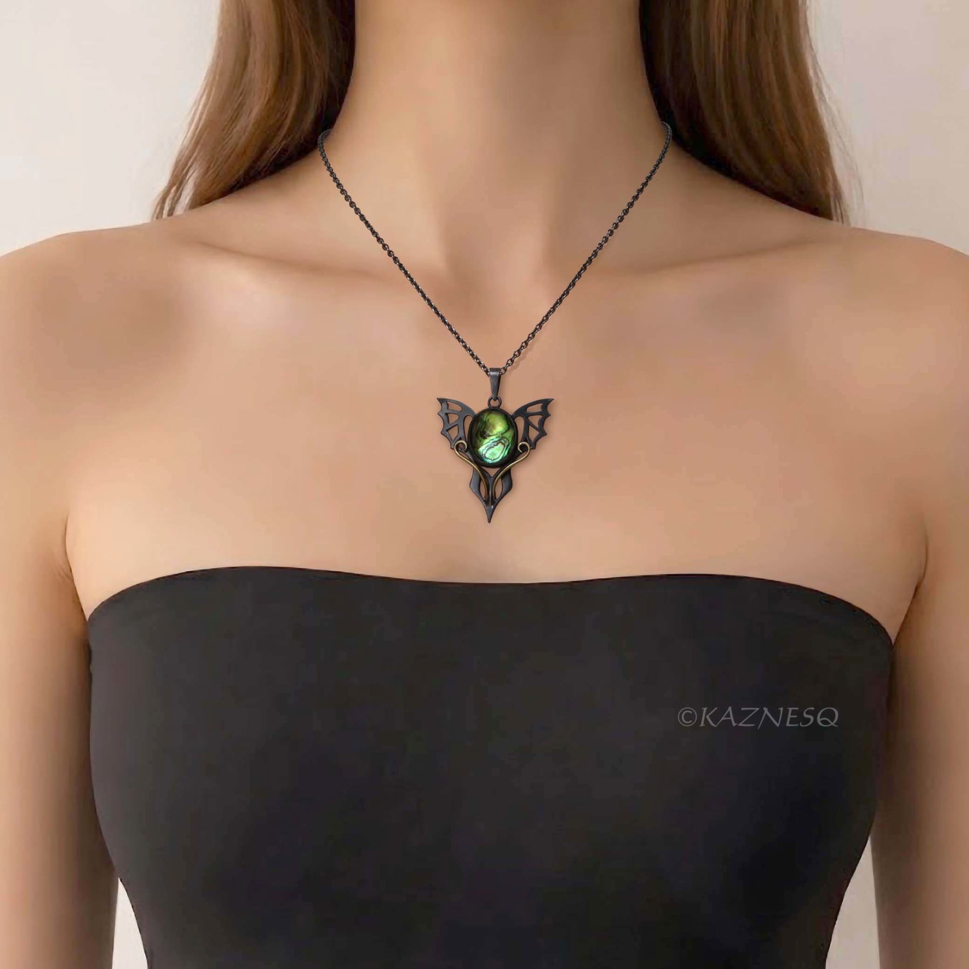 Handmade Gothic Pendant Necklace – Oxidized Silver Dragon Wing with Paua Shell Lemon Quartz Doublet & Brass Scrollwork