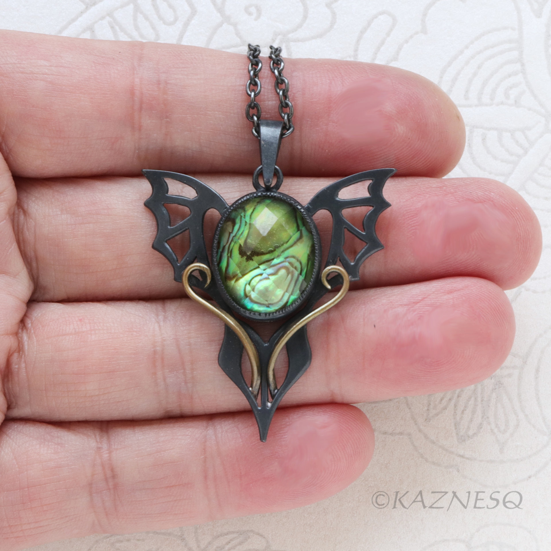 Handmade Gothic Pendant Necklace – Oxidized Silver Dragon Wing with Paua Shell Lemon Quartz Doublet & Brass Scrollwork